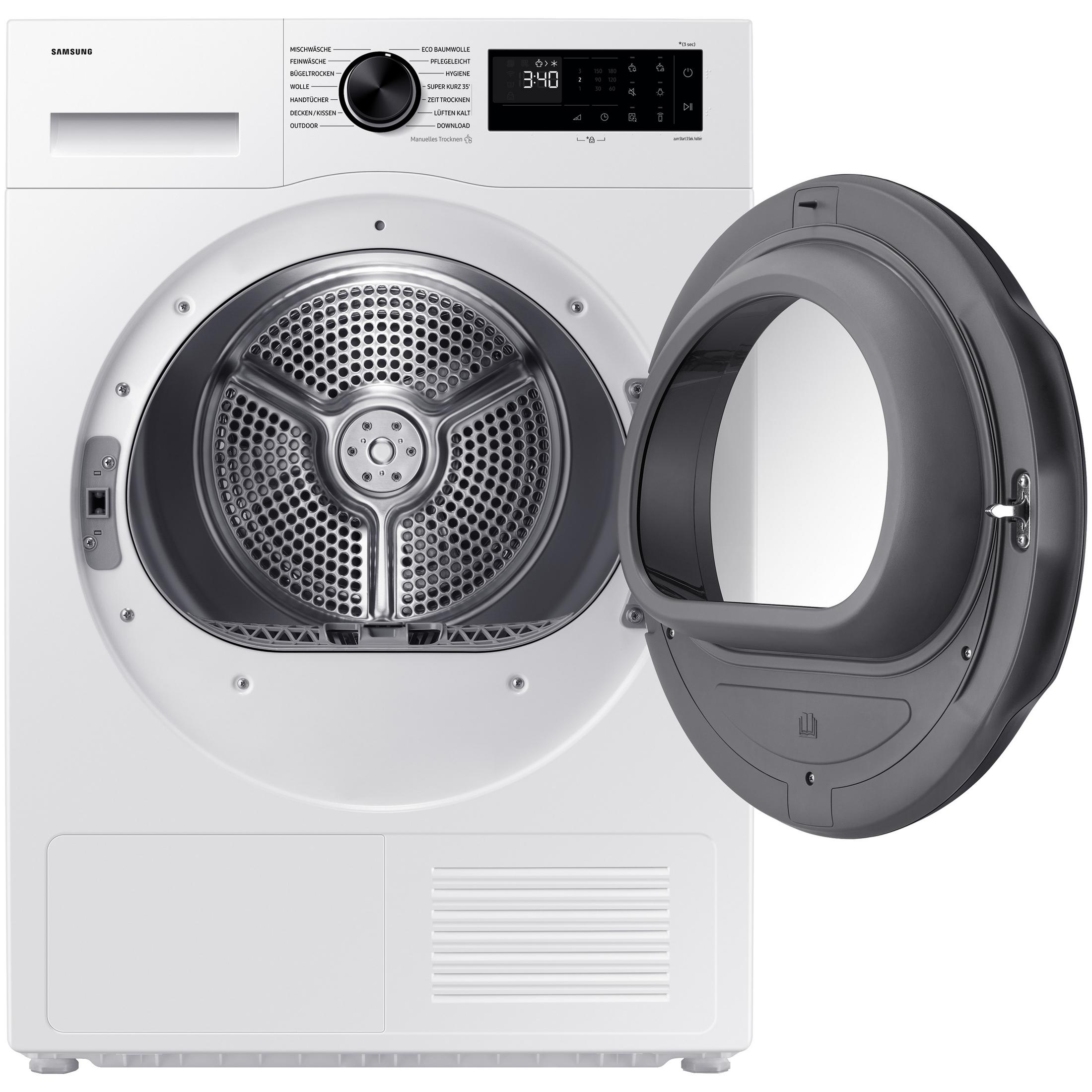 Weißer Samsung Trockner mit geöffneter Tür, zeigt das Innere. Das Innere der Tür ist grau.