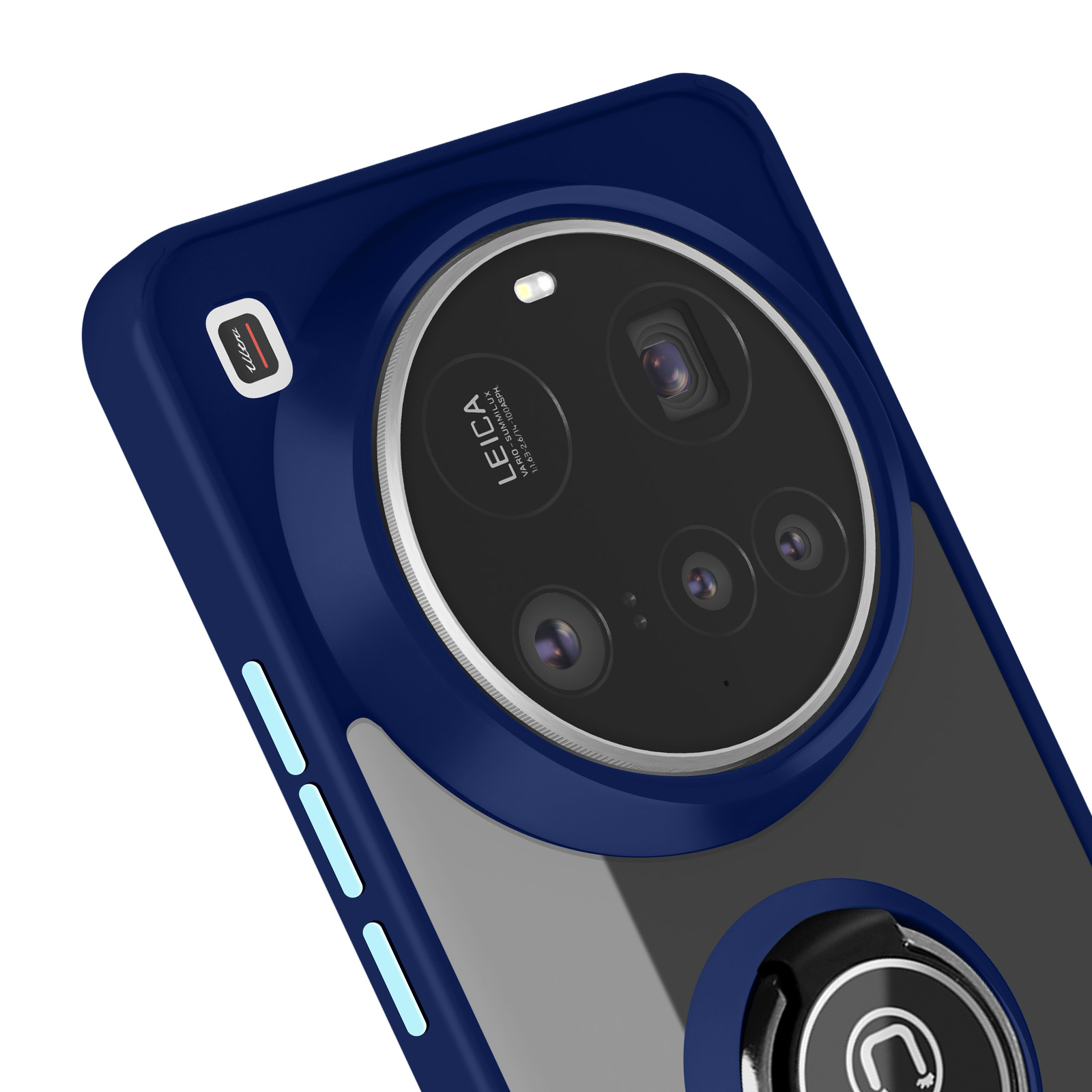 Primo piano del retro di un telefono con custodia blu e fotocamera.