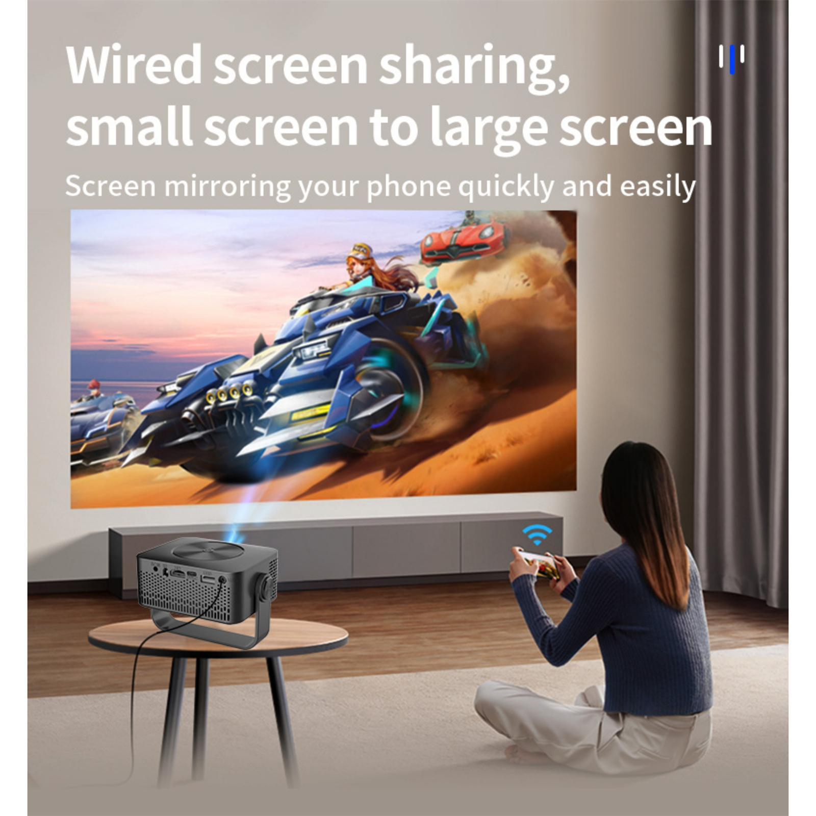 Projektor, der ein Rennspiel an die Wand projiziert. Eine Person hält eine Fernbedienung. Text 'Wired screen sharing'.