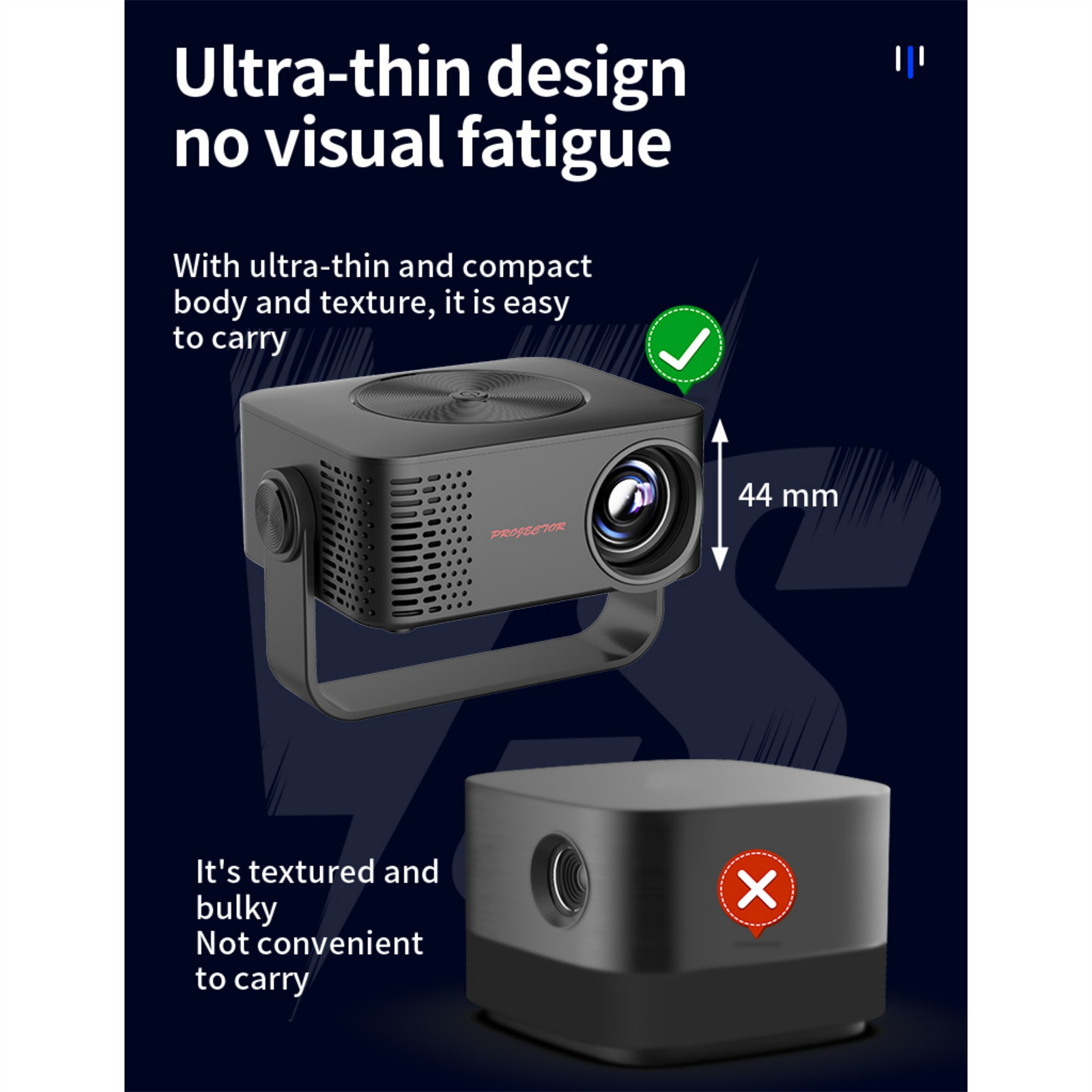 Bild zeigt einen Projektor mit ultradünnem Design. Ein Vergleich zeigt ein sperriges Design.