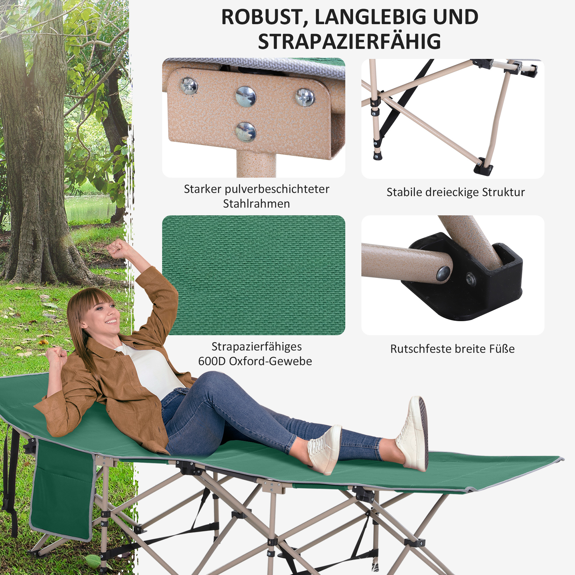 Frau entspannt sich auf einem grünen Campingbett mit Textüberlagerungen.