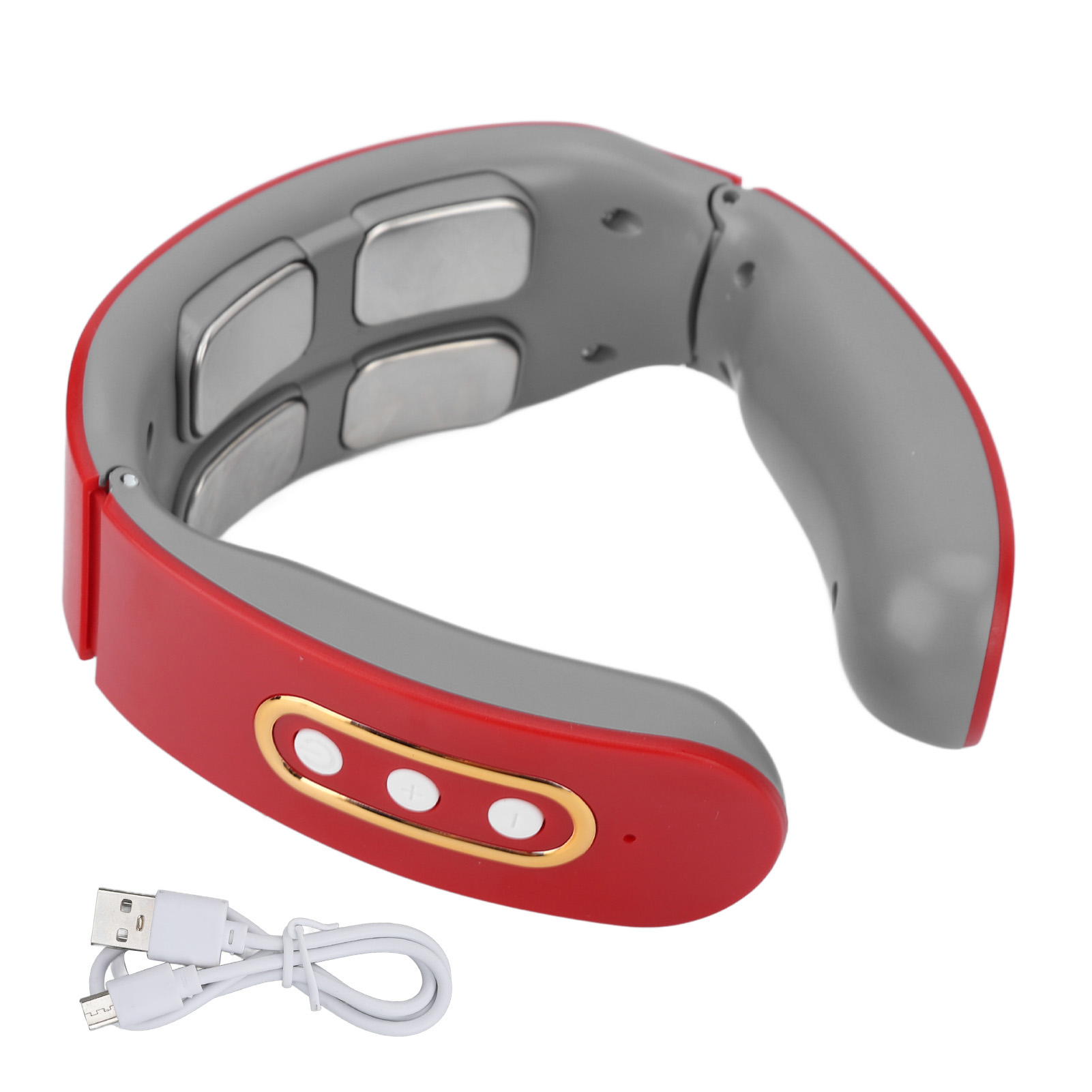 Roter und grauer Nackenmassagegerät mit Bedientasten und USB-Kabel.