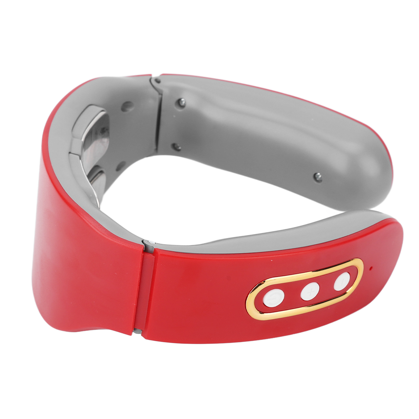 Rotes und graues Nackenmassagegerät. Es hat eine gebogene Form mit Knöpfen und Metallelementen.