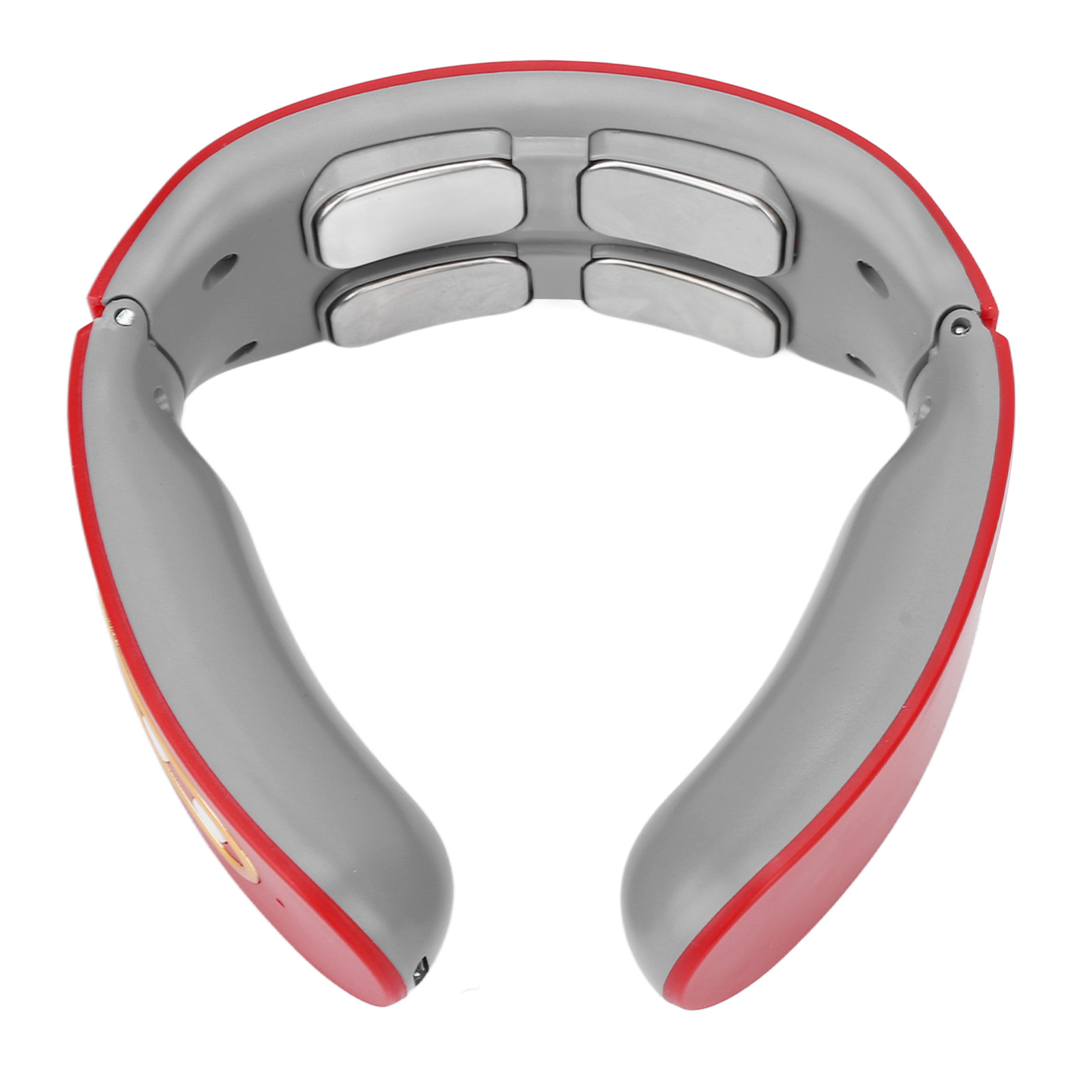 Ein rotes und graues Nackenmassagegerät mit Steuertasten und geschwungenem Design.