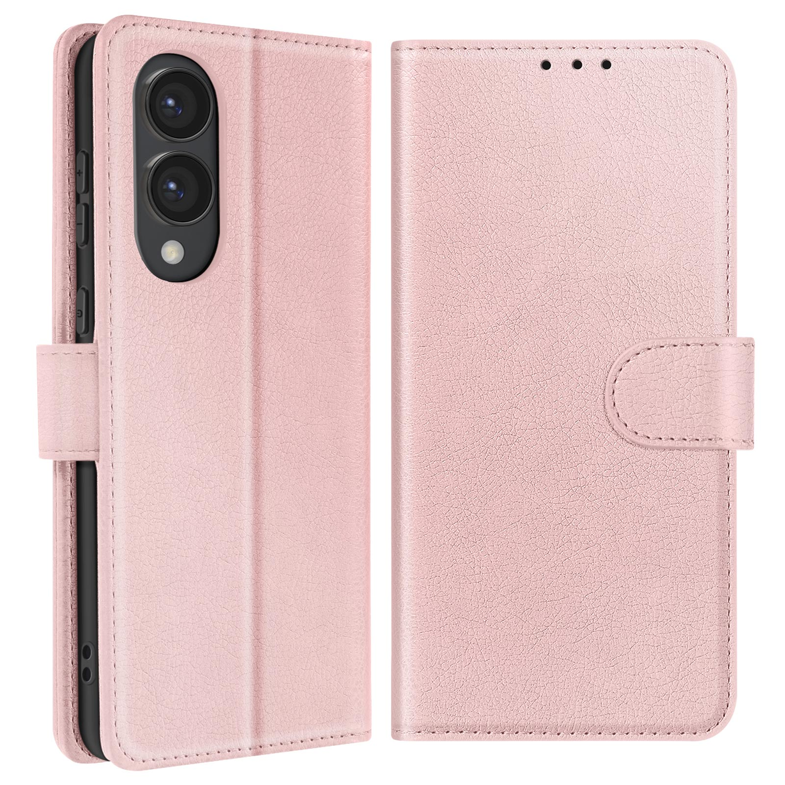 Custodia per telefono in pelle rosa con fessura per carte e chiusura magnetica.