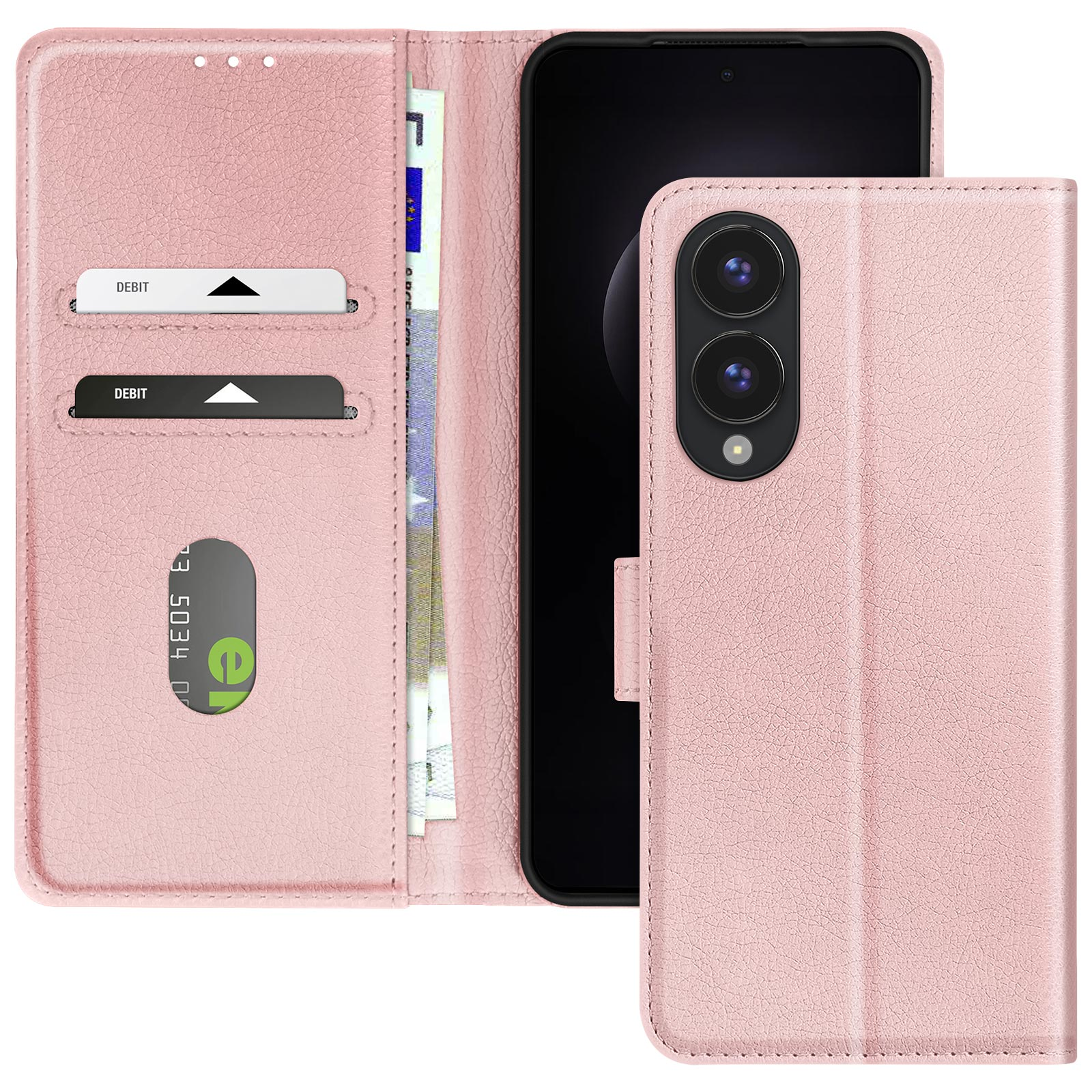 Una custodia per telefono rosa a portafoglio con scomparti per carte di credito e un telefono all'interno, che mostra denaro.