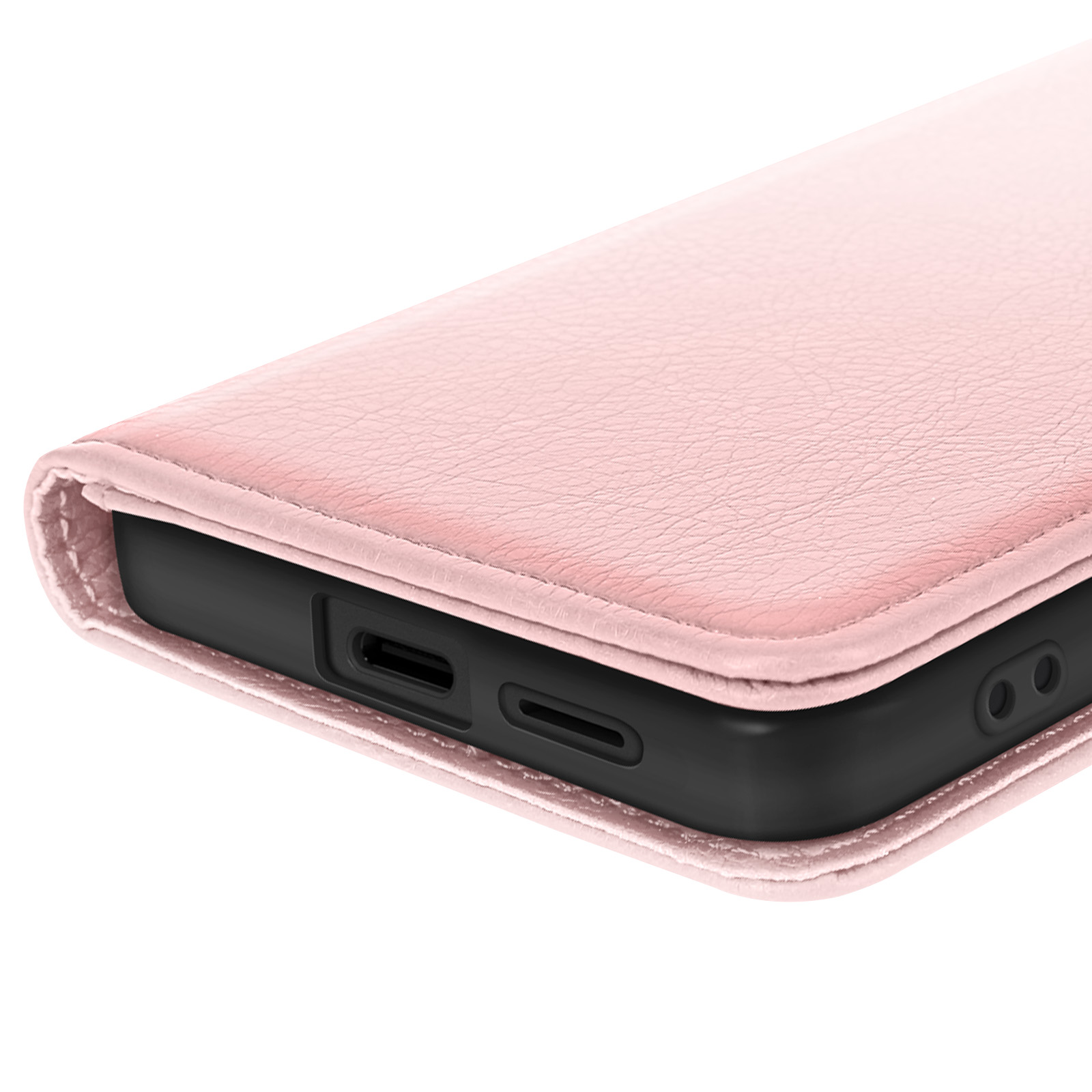 Custodia per telefono rosa, primo piano, con telefono nero all'interno e porta di ricarica visibile.
