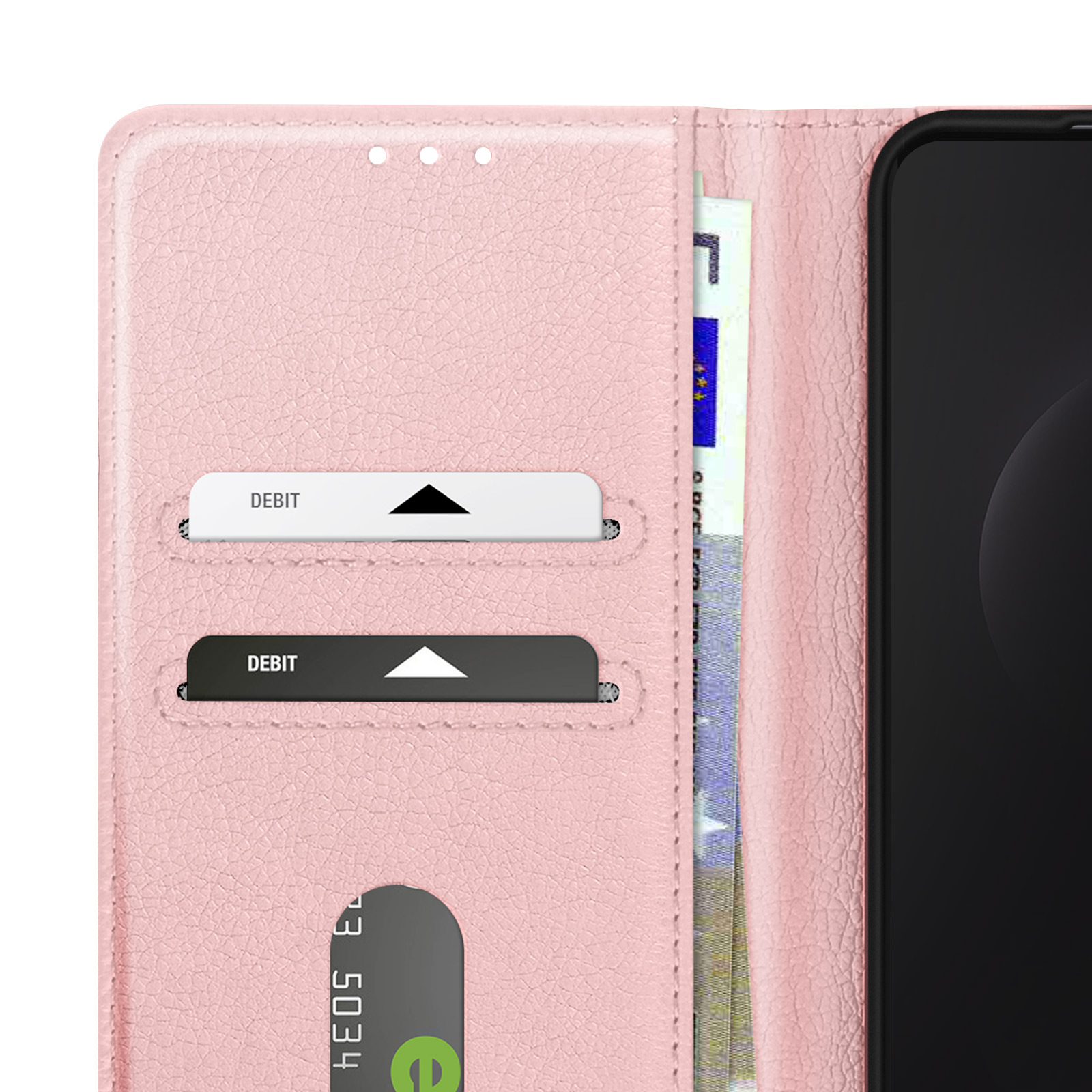 Custodia per telefono rosa, aperta, con carte di debito e uno scorcio di valuta.