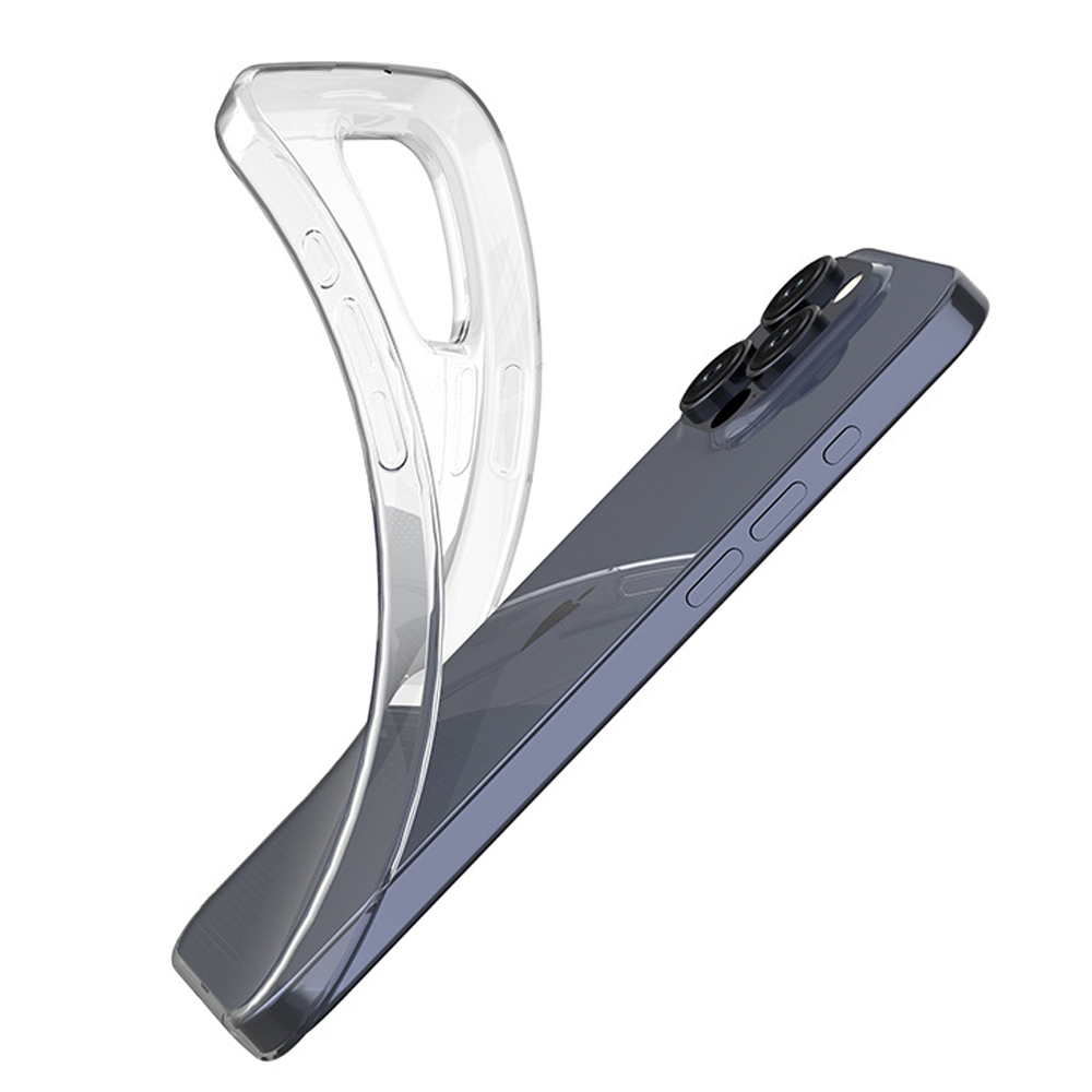 Transparente Handyhülle auf einem Telefon mit Kameralinsen. Die Hülle ist flexibel und teilweise umwickelt.