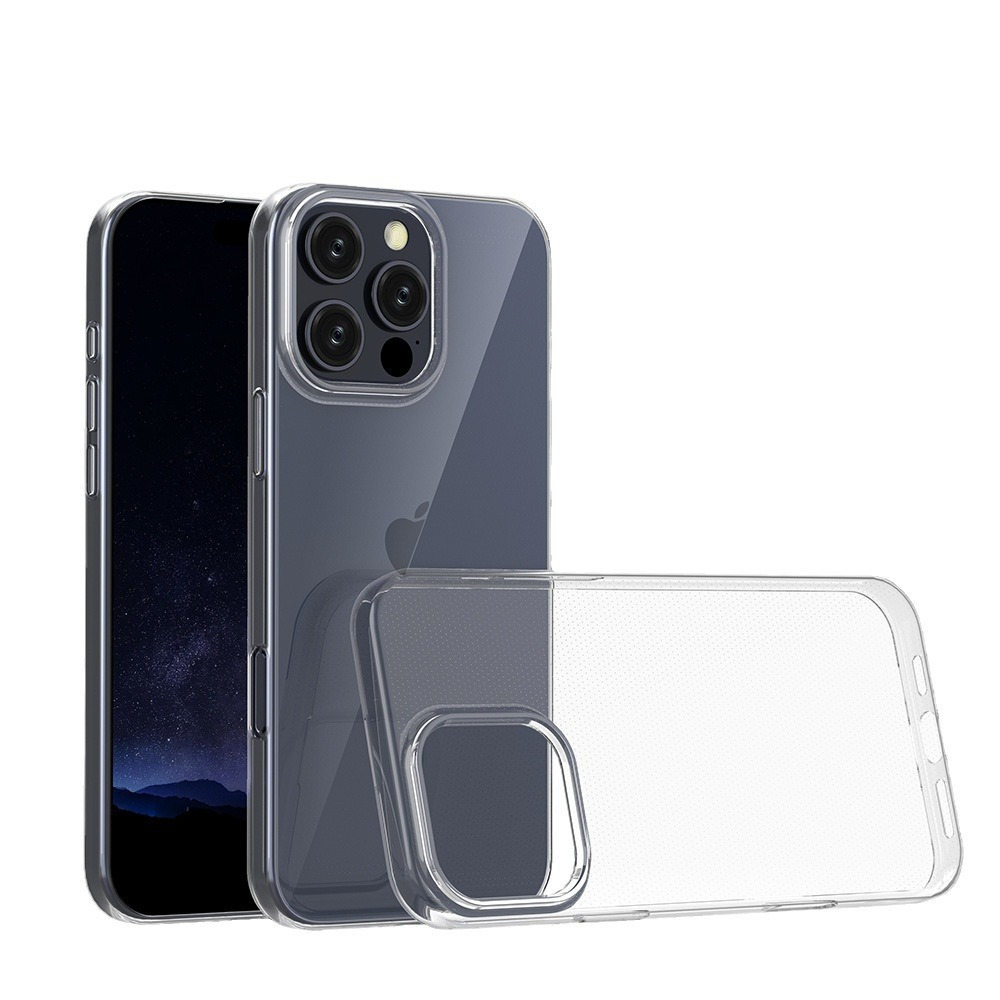 Transparente Handyhülle mit Handy und Handy dahinter. Weißer Hintergrund.