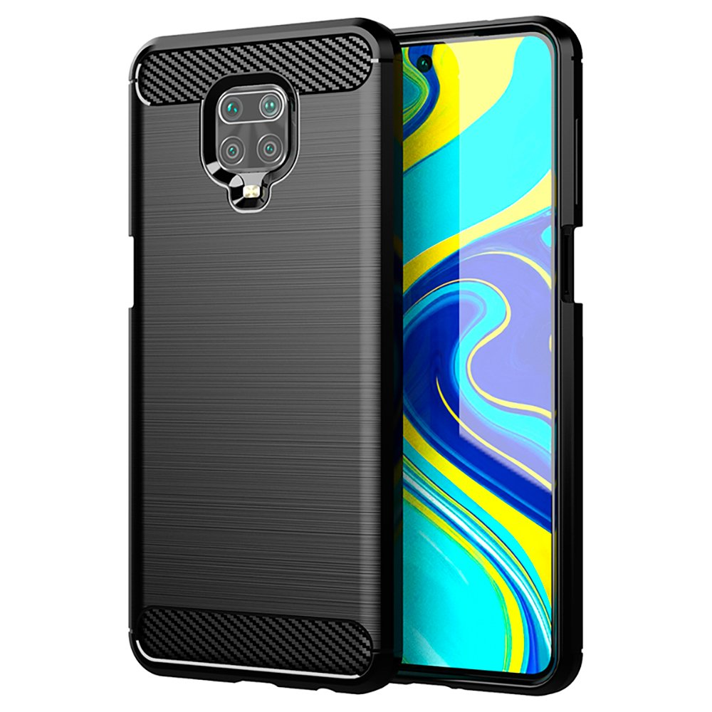 Funda negra para teléfono con parte trasera texturizada y diseño de fibra de carbono en la parte inferior.