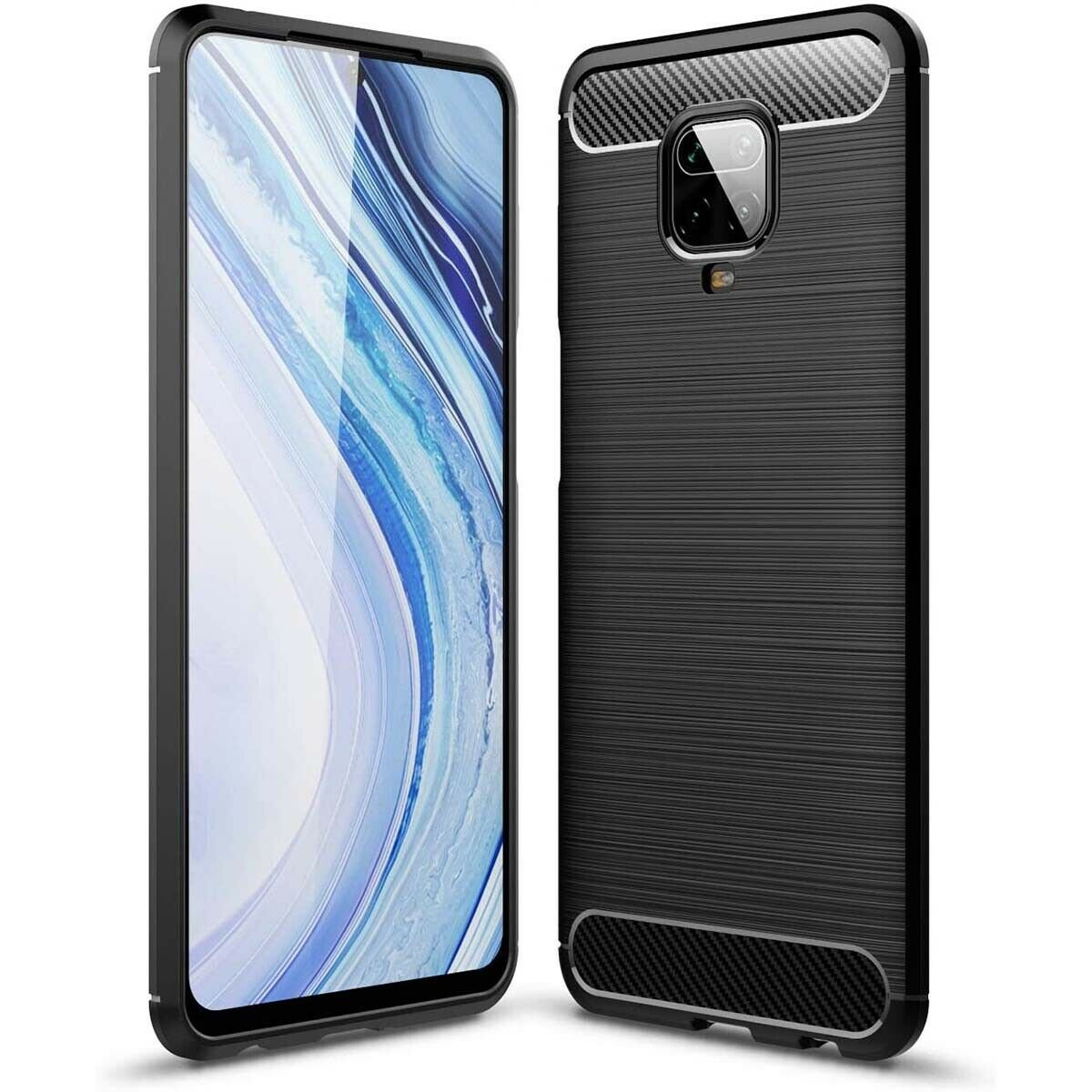 Dos fundas de teléfono, negras. Una muestra la parte delantera del teléfono, la otra la trasera.