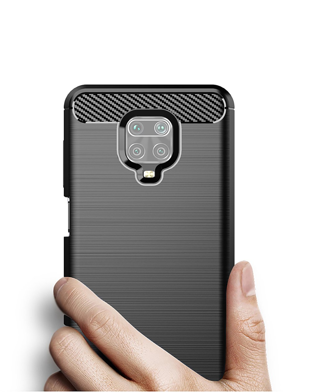 Una funda de teléfono negra con la parte trasera texturizada y un recorte para la cámara.