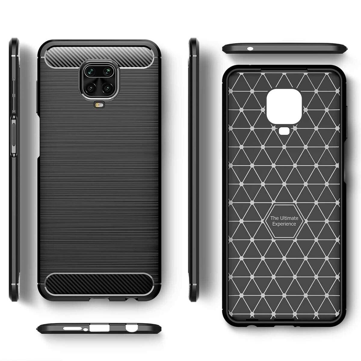 Fundas de teléfono, múltiples vistas. Diseño negro texturizado, con un patrón geométrico en la parte posterior.