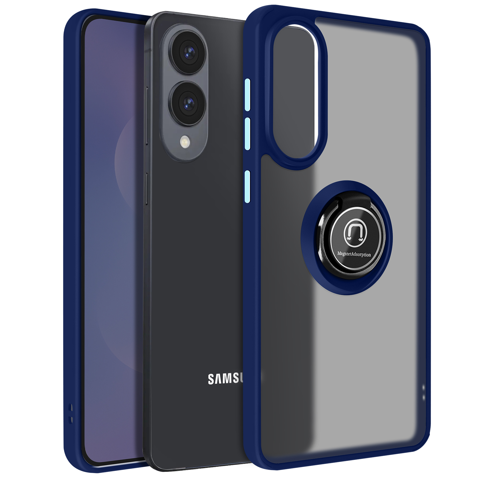 Custodia per telefono con bordatura blu, un telefono nero con lenti della fotocamera e un supporto ad anello.