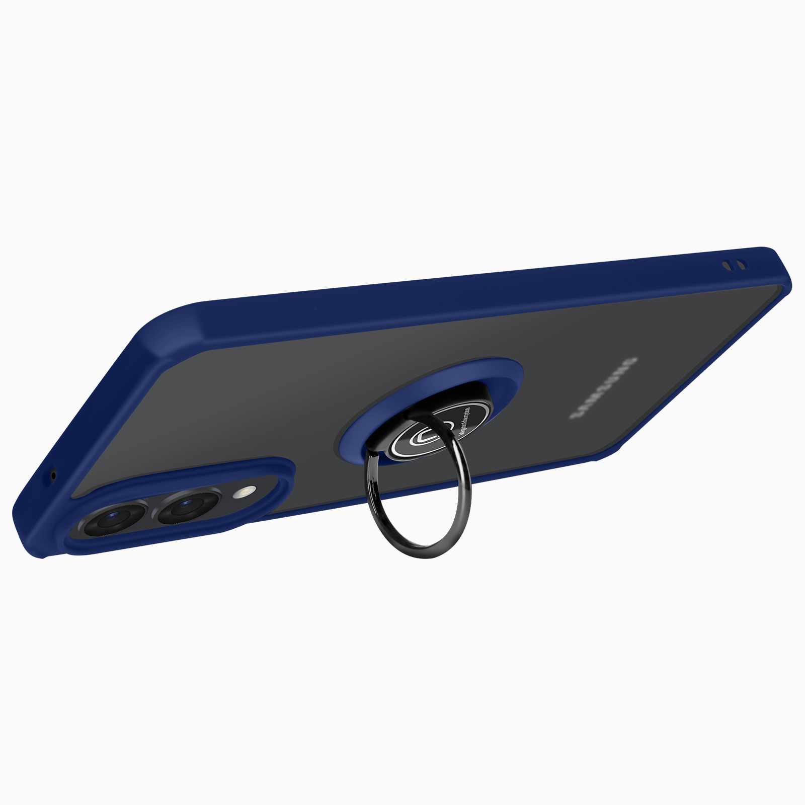 Custodia blu per telefono con supporto ad anello.