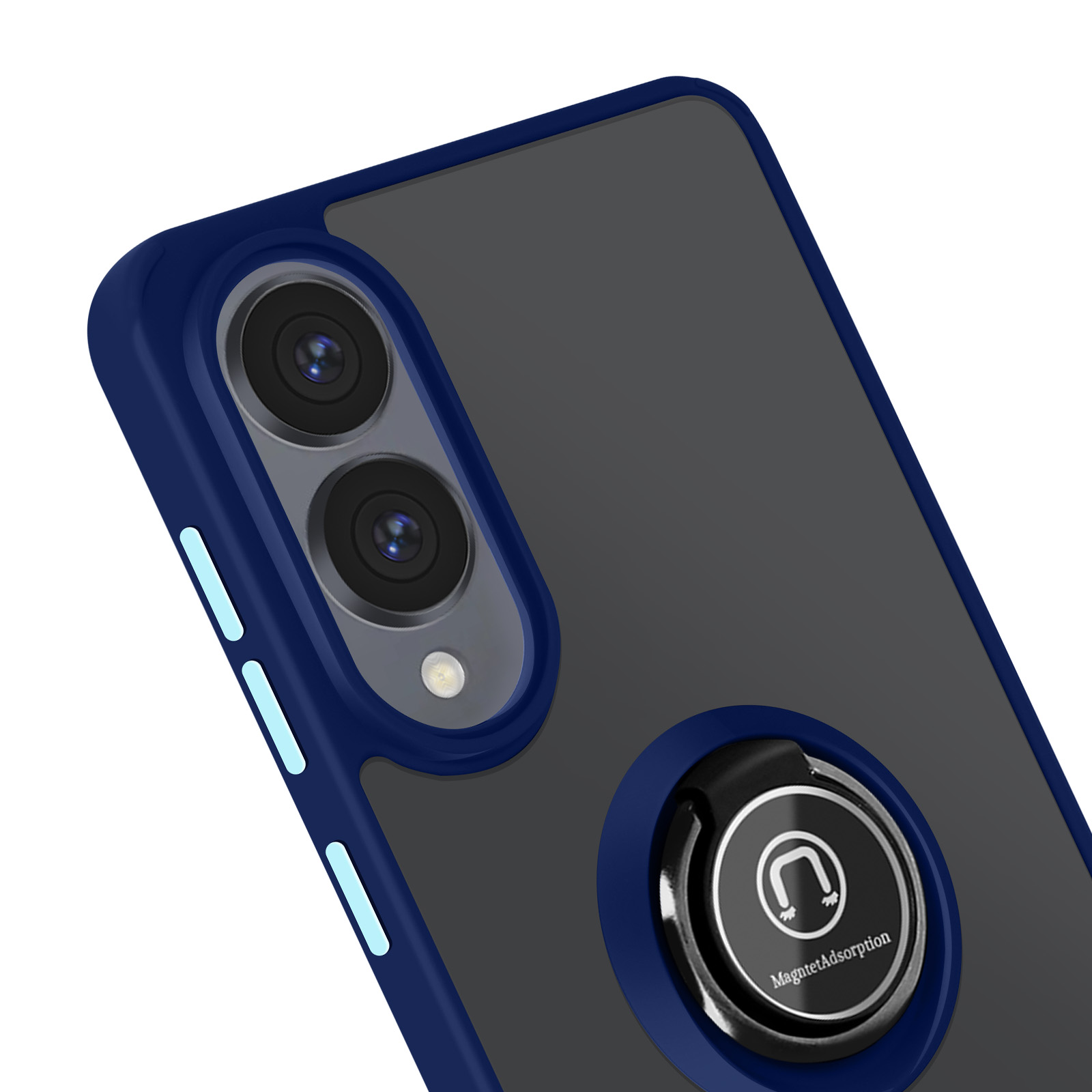 Custodia per telefono con bordo blu e supporto ad anello. Le lenti della fotocamera del telefono sono visibili.