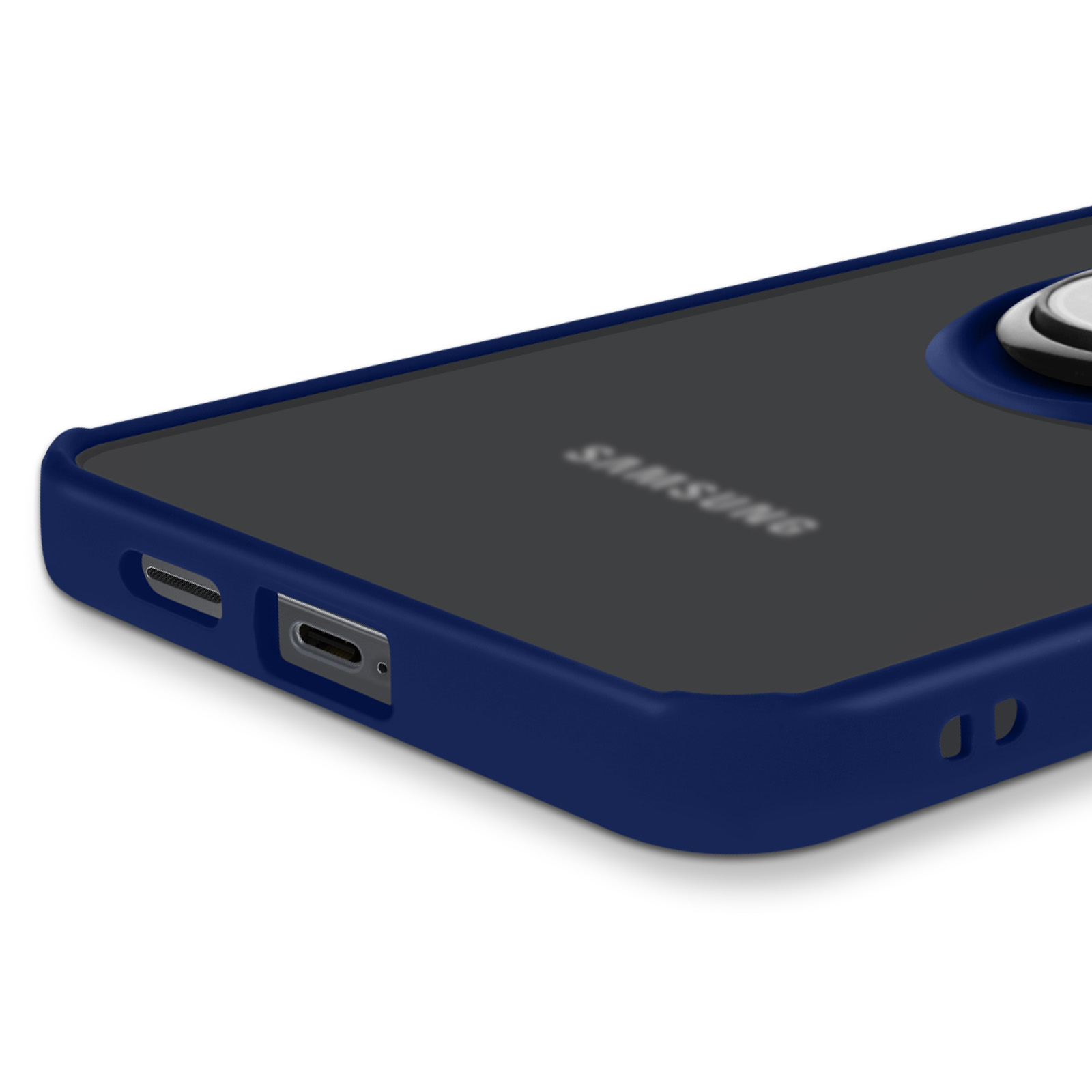Un primo piano di una custodia per telefono con una cornice blu, con il logo Samsung e una porta USB-C.