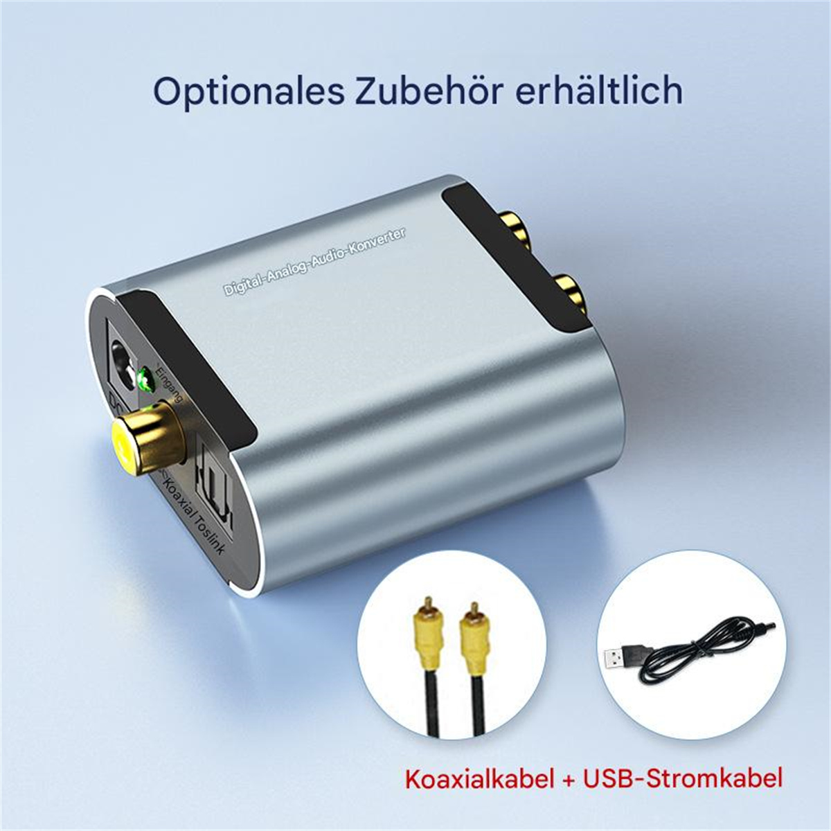 Silberner Digital-Analog-Audio-Konverter mit Zubehör, Kabeln.