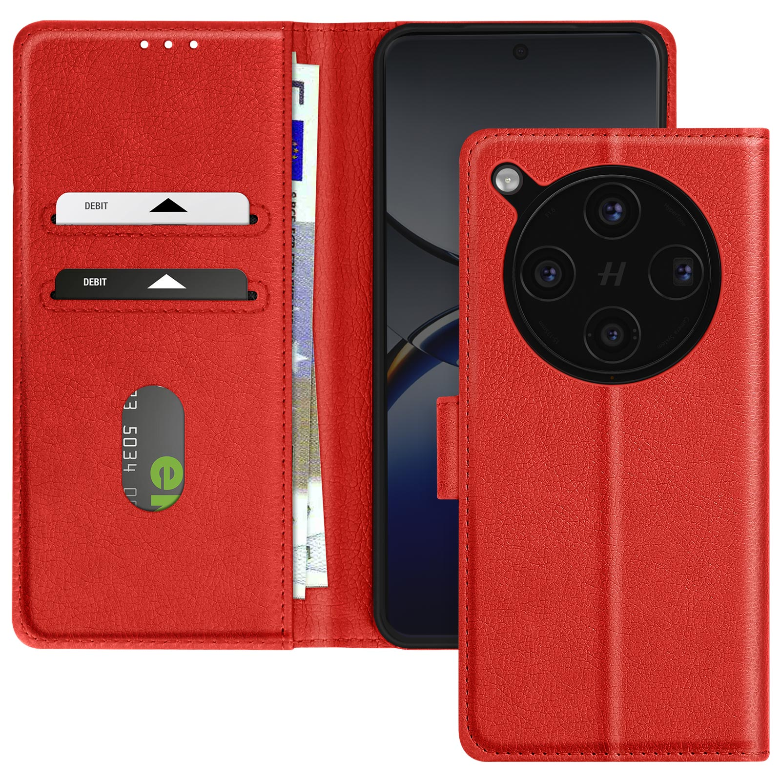 Funda de teléfono roja abierta, mostrando tarjetas, una factura y un teléfono. El teléfono tiene cámara grande.