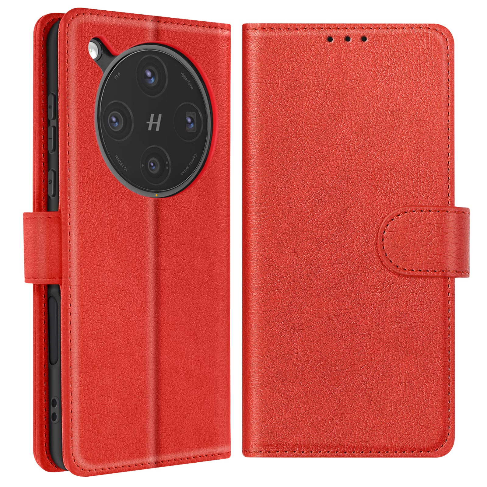 Funda de teléfono roja abierta, mostrando el teléfono y la cubierta trasera. El teléfono tiene una cámara grande.