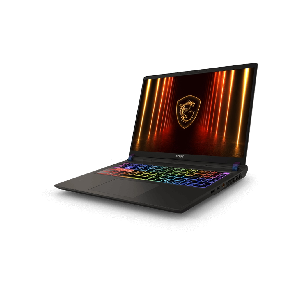 Laptop nero, aperto, con luci colorate della tastiera e logo del drago dorato sullo schermo.