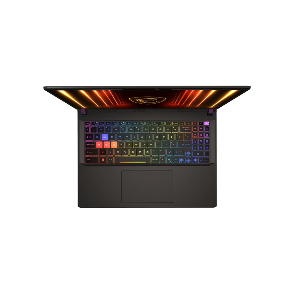 Laptop con coperchio aperto e tastiera colorata illuminata e un logo sullo schermo.