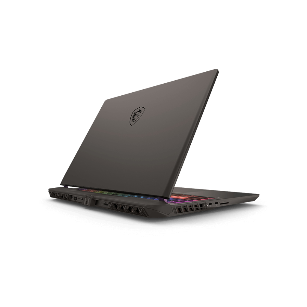Laptop nero, vista posteriore, leggermente aperto, con un logo e luci colorate della tastiera.