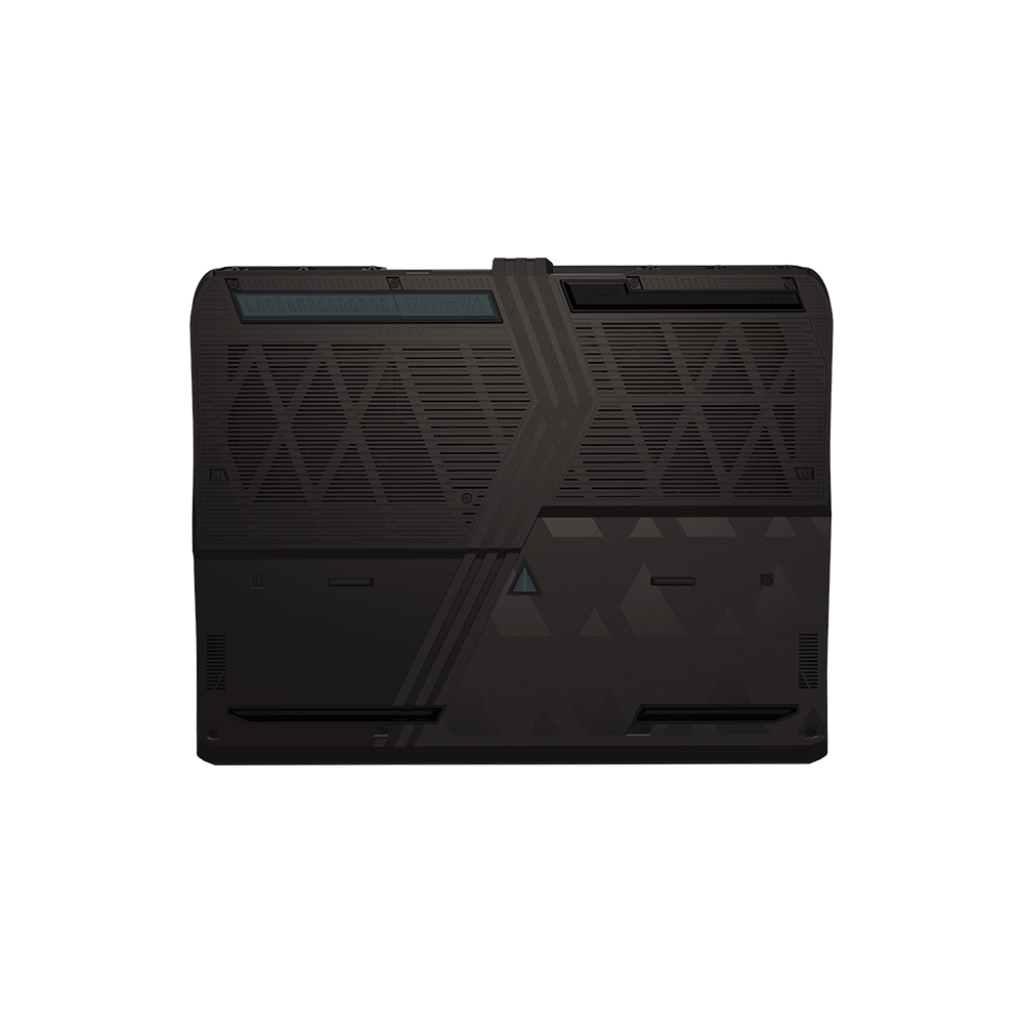 Parte inferiore del laptop nero, con prese d'aria e un elemento di design triangolare.