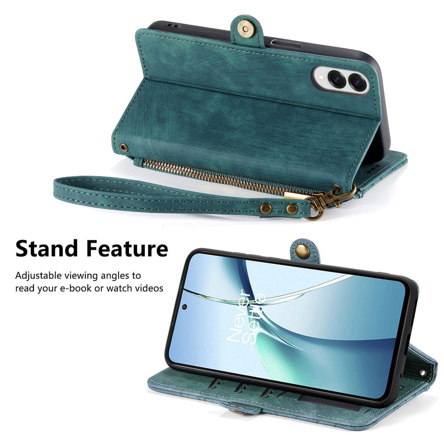 Funda verde abierta, sosteniendo un teléfono en posición de soporte. Texto 'Stand Feature' e instrucciones.