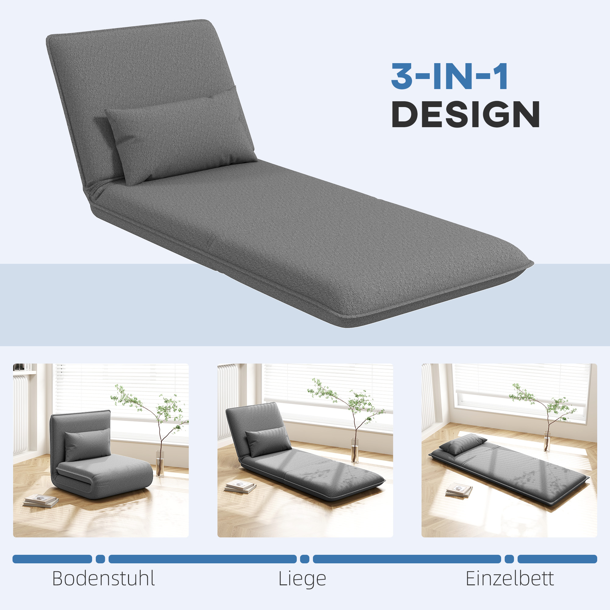Ein graues Stuhl-Bett in drei Positionen: zusammengeklappt, als Liege und flach wie ein Bett.