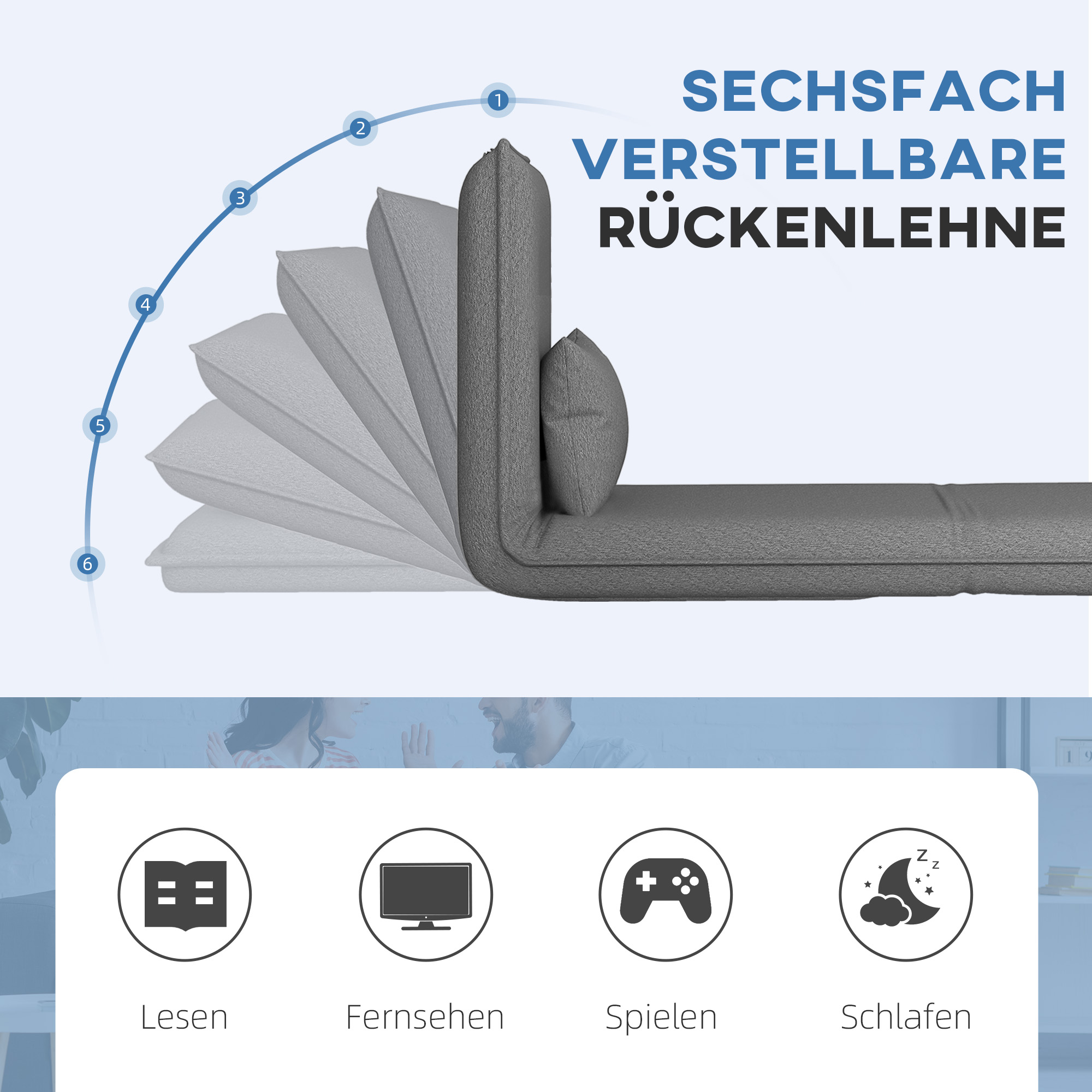 Ein Stuhl-Bett mit sechsfach verstellbarer Rückenlehne. Vier Symbole unten zeigen Lesen, Fernsehen, Spielen und Schlafen.