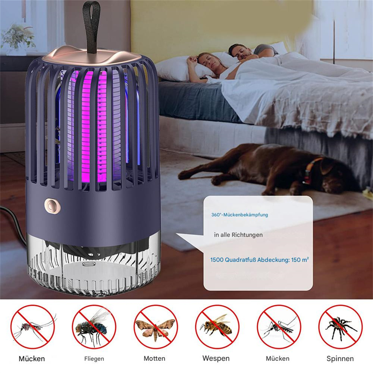 Insektenvernichter in einem Schlafzimmer mit schlafendem Paar, Hund und Insektensymbolen.
