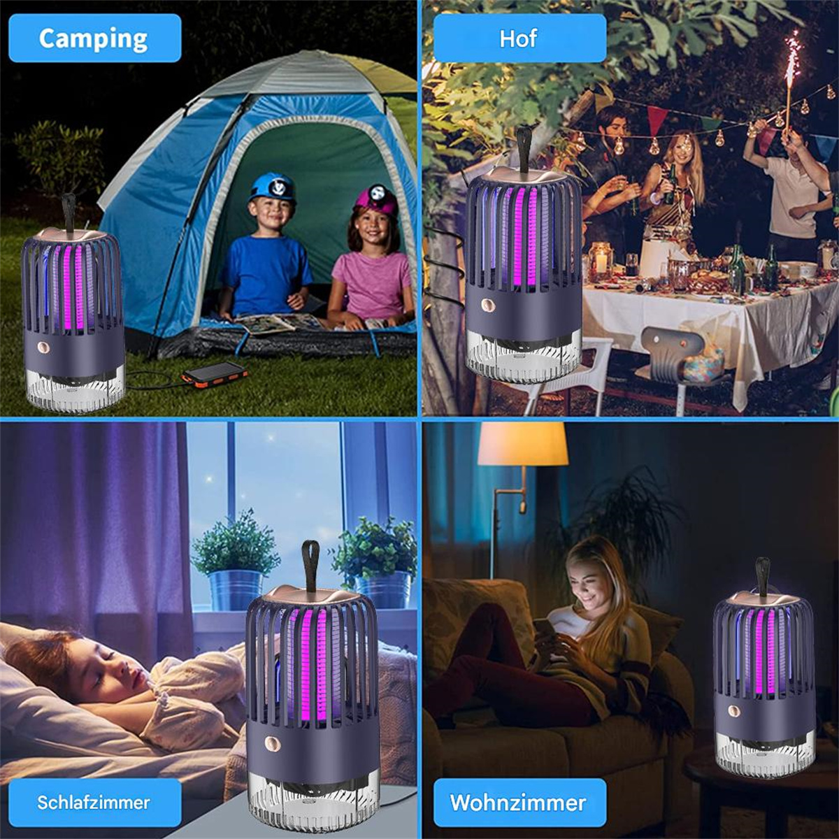 Vier Szenen zeigen die Verwendung eines Insektenvernichters: Camping, Gartenparty, Schlafzimmer und Wohnzimmer.