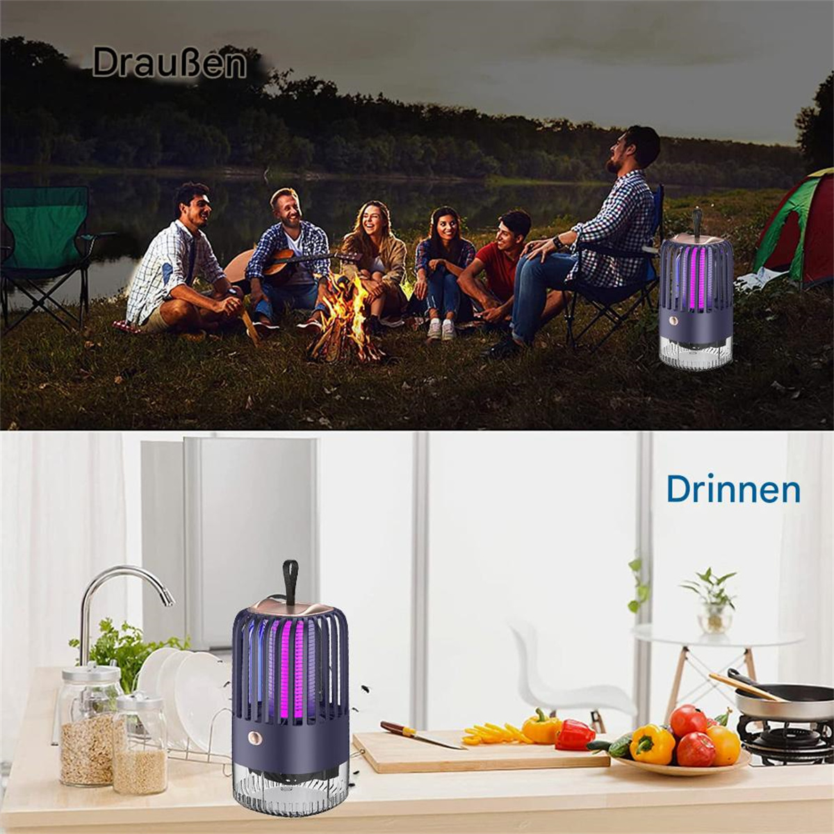 Zwei Bilder, die eine Camping-Szene im Freien und eine Küchenszene in Innenräumen zeigen, beide mit einem Insektenvernichter.