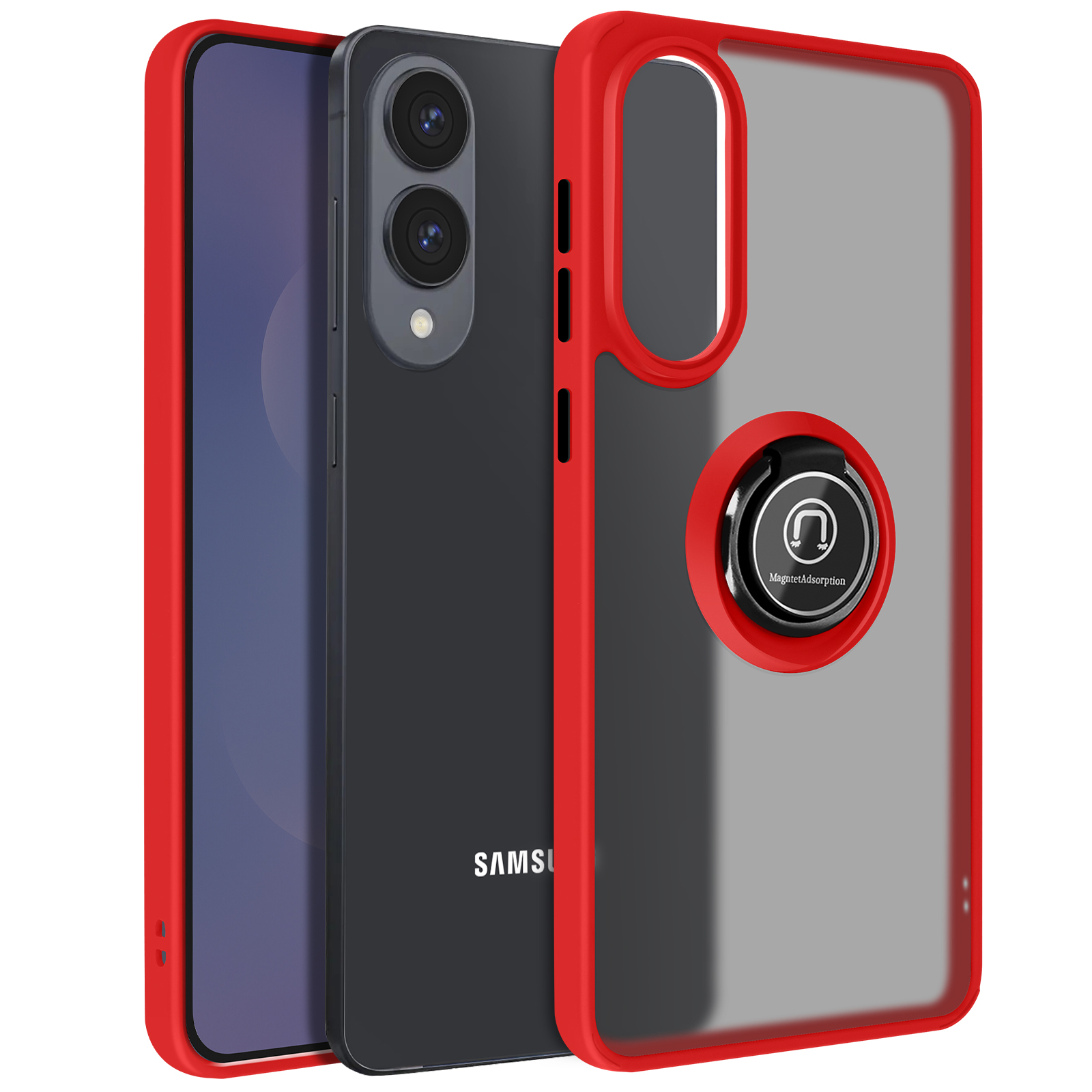 Custodia per telefono con cornice rossa con telefono nero all'interno e anello magnetico. Il telefono è un Samsung.