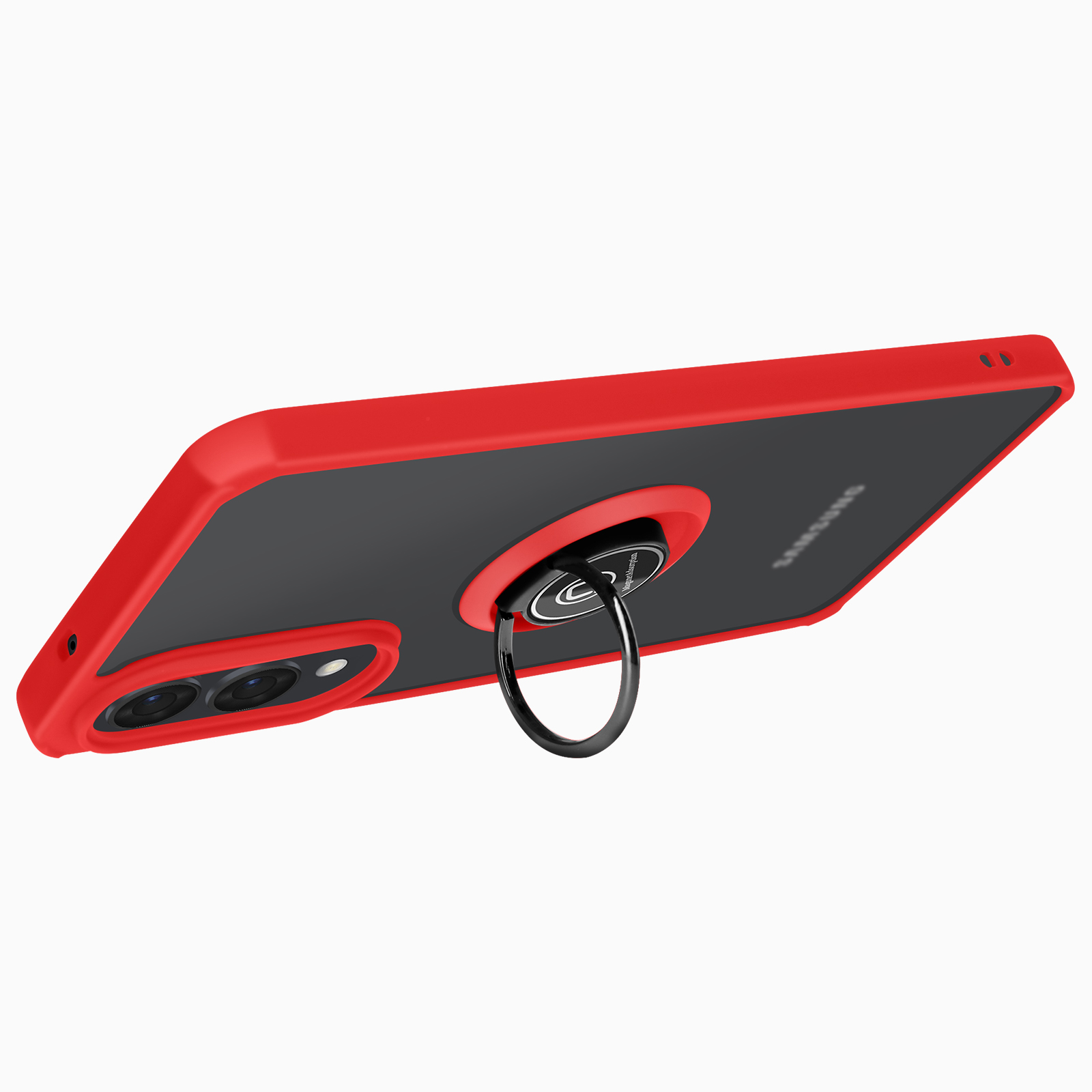 Una custodia per telefono rossa con retro nero e un anello nero attaccato. La custodia rossa circonda il telefono.