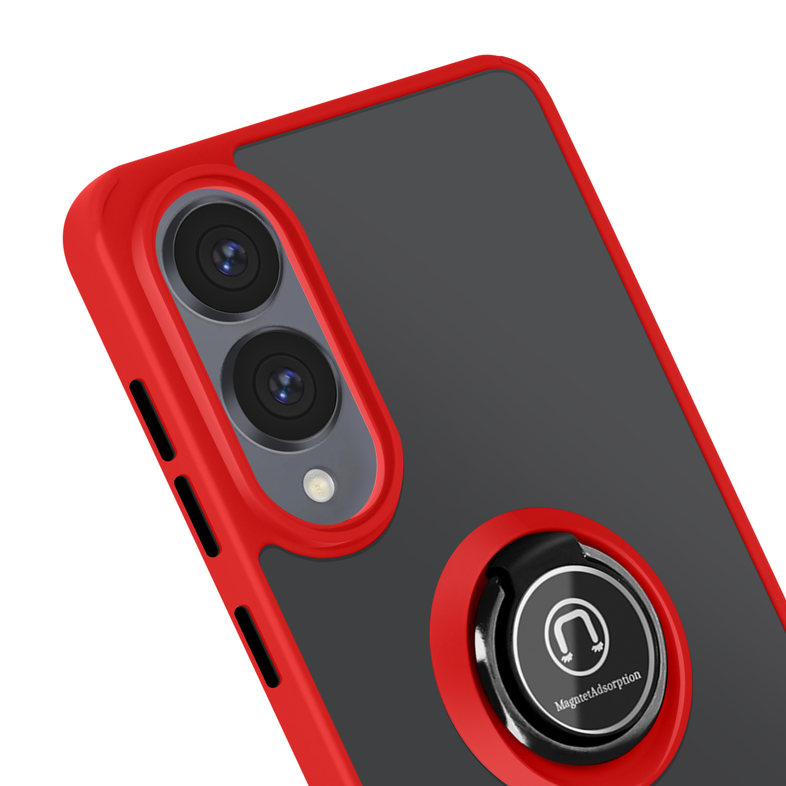 Primo piano del retro di un telefono in una custodia con cornice rossa, con un anello magnetico e lenti della fotocamera.