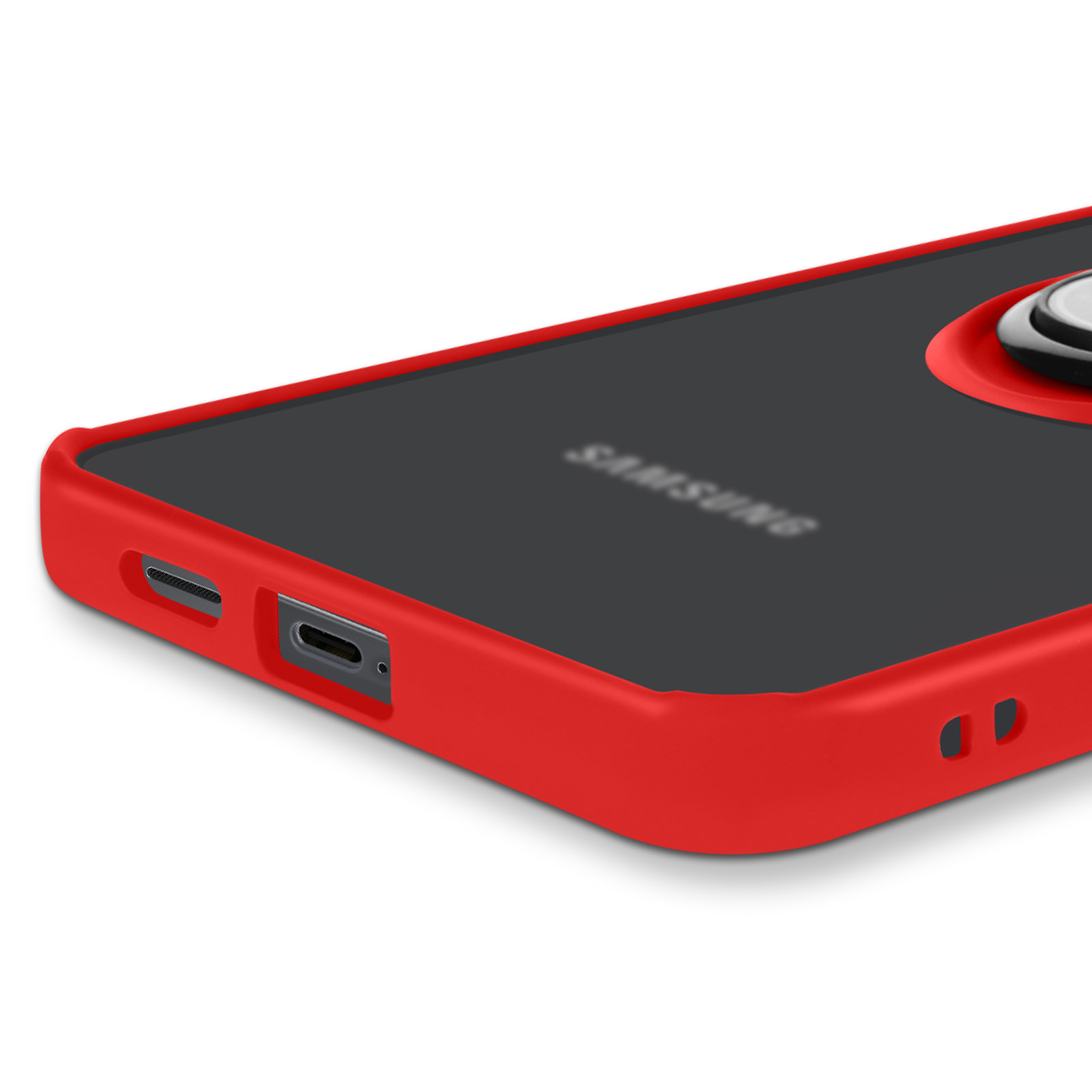 Primo piano di una custodia per telefono con cornice rossa con un telefono nero all'interno. Il telefono ha un logo Samsung.