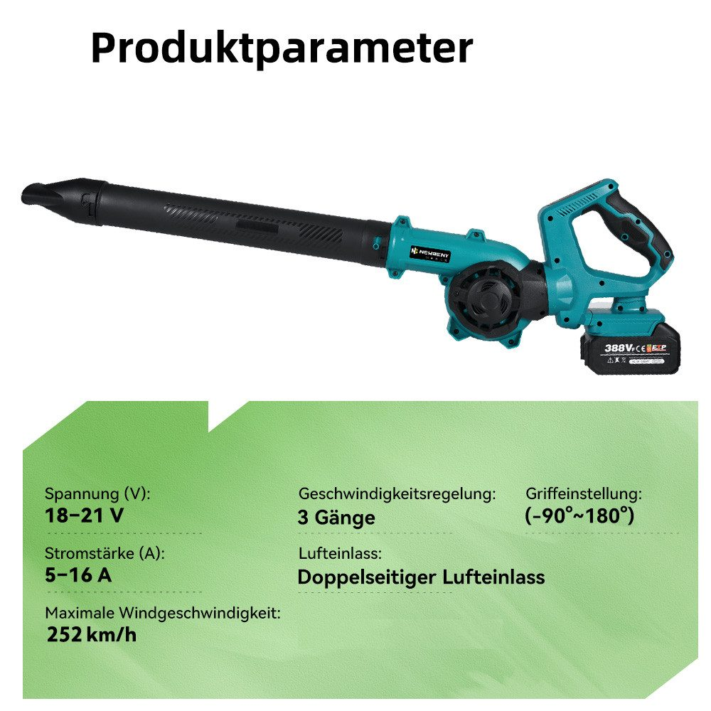 Ein elektrisches Laubgebläse mit Produktparametern, einschließlich Spannung, Strom und maximaler Windgeschwindigkeit.