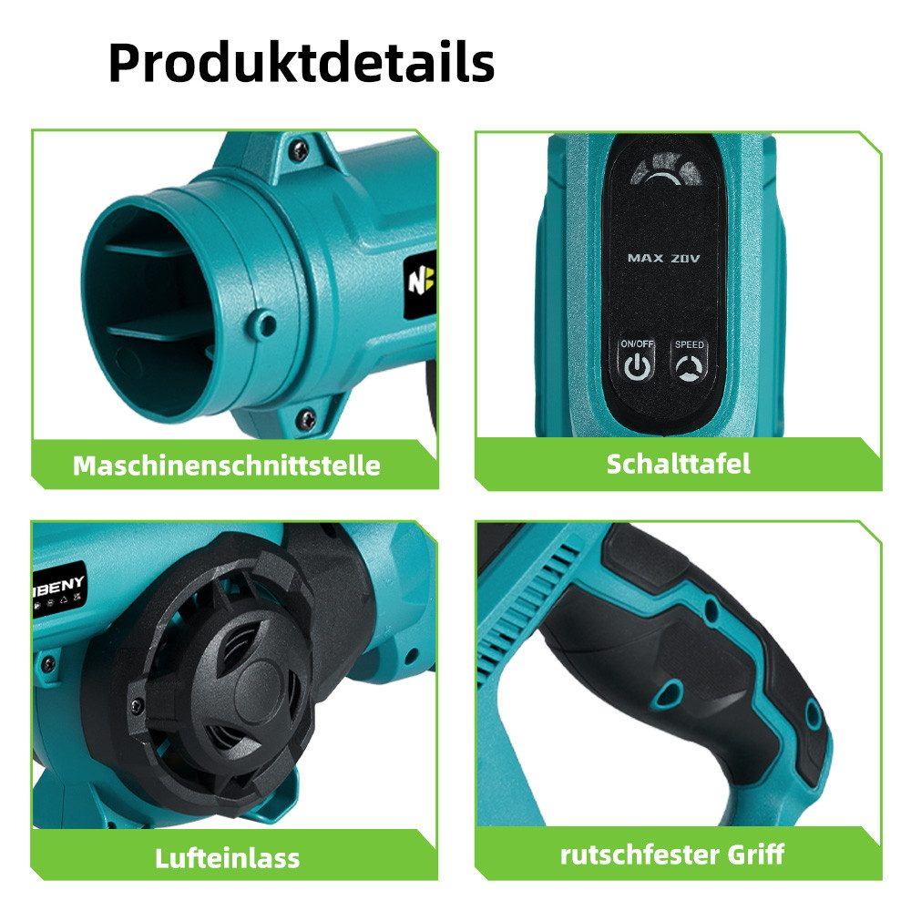 Nahaufnahme Produktdetails eines türkis-schwarzen Gebläses, das verschiedene Teile und Bedienelemente zeigt.