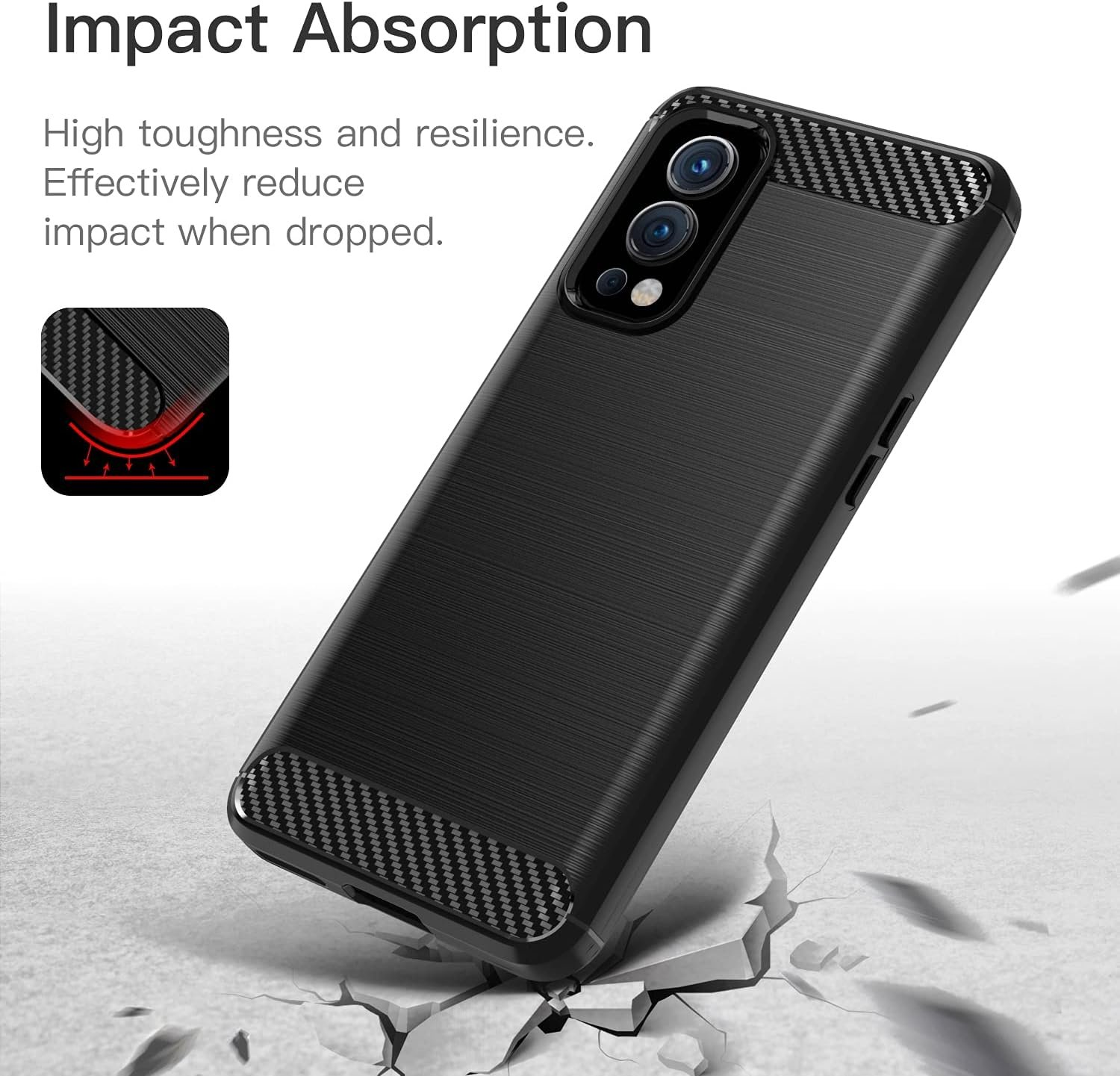 Se muestra una funda de teléfono negra con un diagrama que ilustra la absorción de impactos y el texto.