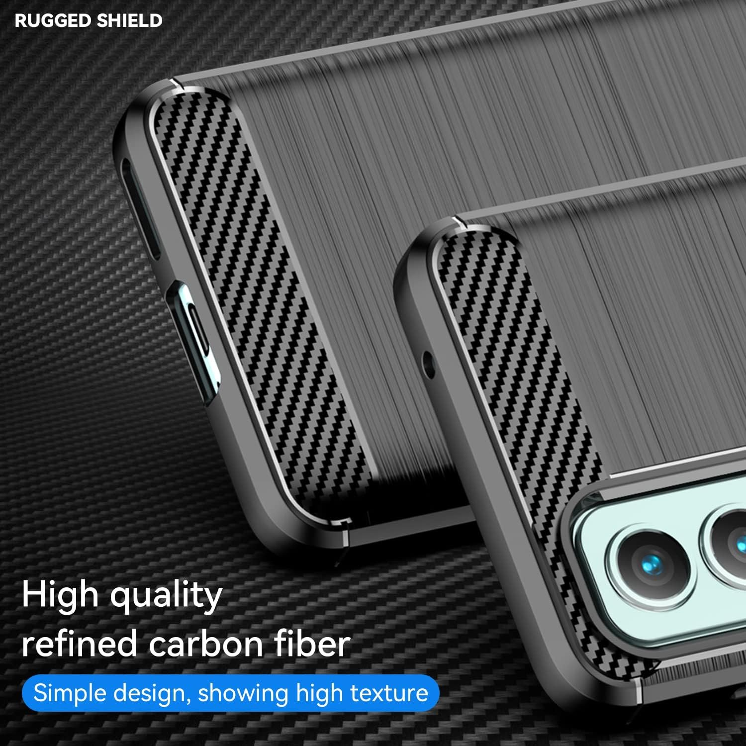 Primer plano de fundas de teléfono que muestran textura de fibra de carbono con texto Rugged Shield.