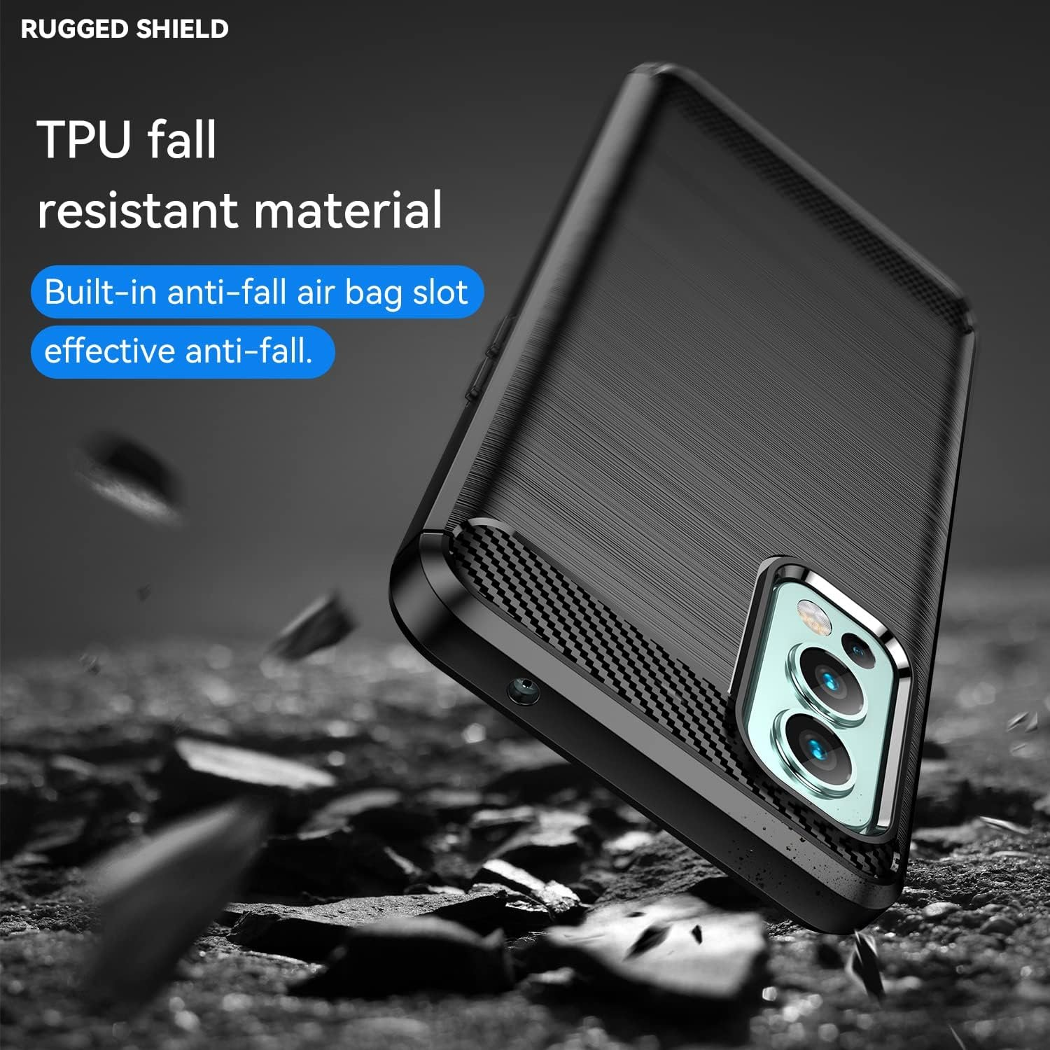 Funda negra para teléfono con área de cámara y texto sobre material resistente a caídas.