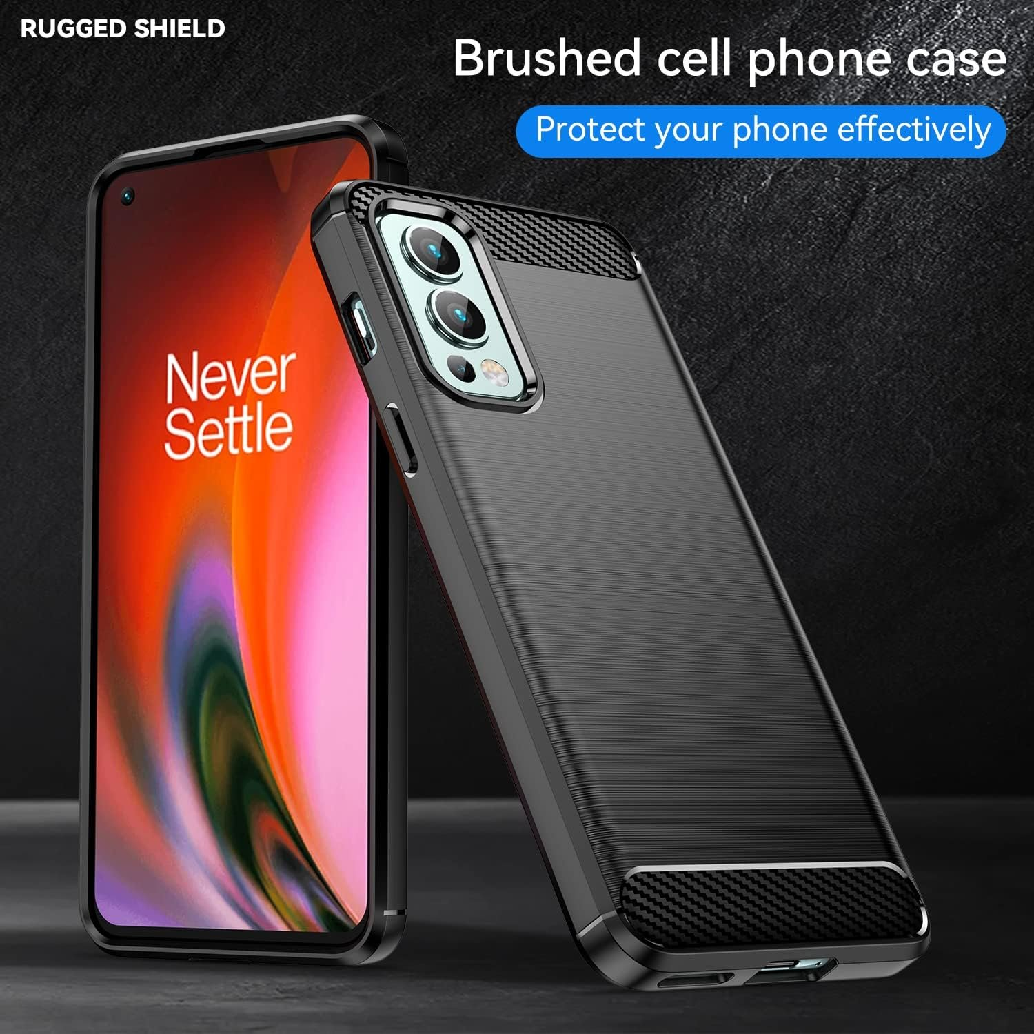 Funda negra para teléfono con un teléfono y el texto 'Never Settle' en la pantalla. Textura cepillada.