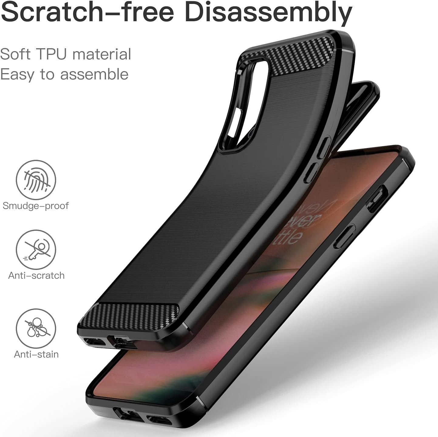 Funda de teléfono con teléfono. Texto: Desmontaje sin rayones. Iconos para: A prueba de manchas, Antiarañazos, Antimanchas.