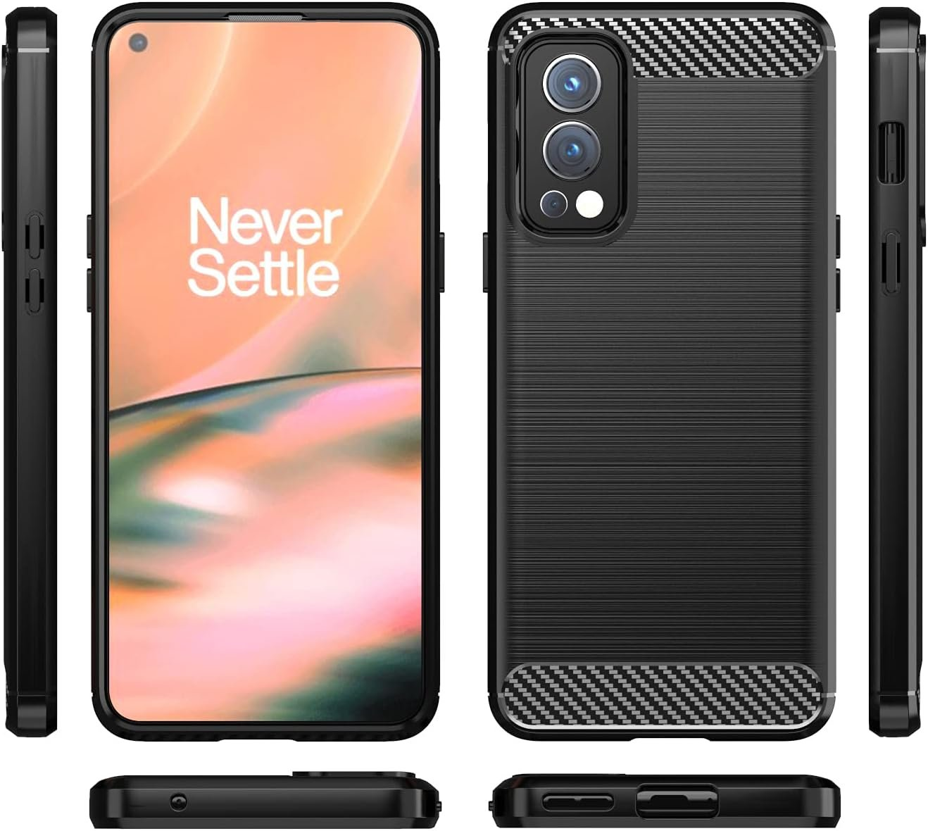 Funda de teléfono con detalles de fibra de carbono. El teléfono muestra 'Never Settle'.