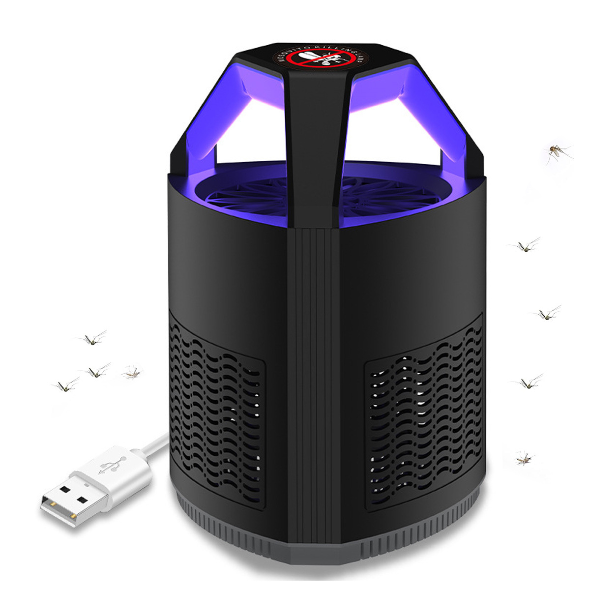 Schwarze Mückenfalle mit lila Licht, USB-Kabel und Mücken drumherum. Enthält ein Warnschild.