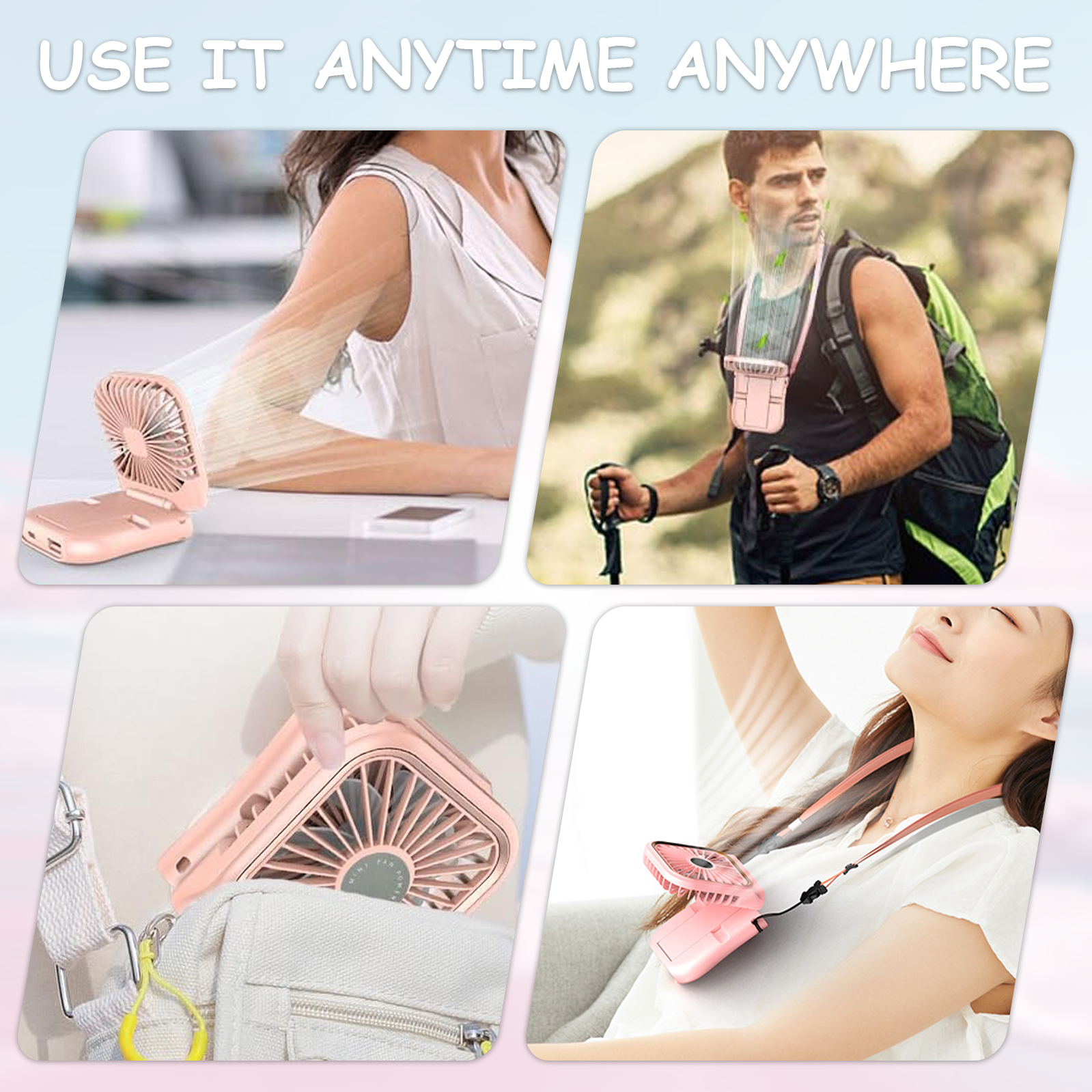 Collage von Menschen, die einen pinkfarbenen tragbaren Ventilator in verschiedenen Umgebungen benutzen. Text: 'USE IT ANYTIME ANYWHERE'.