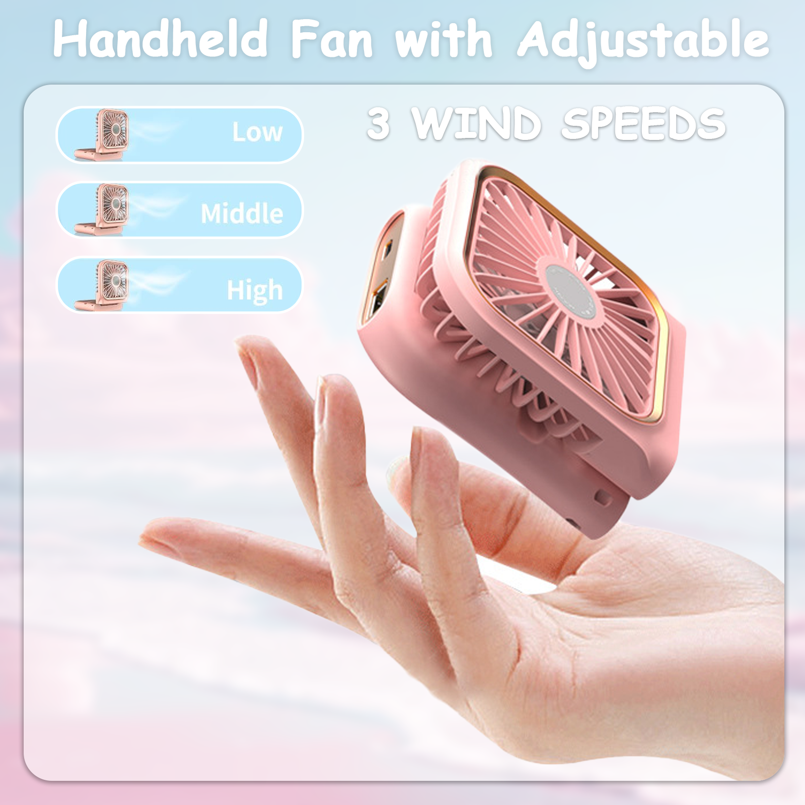 Rosa Handventilator, gehalten von einer Hand. Text zeigt: Niedrig, Mittel, Hoch, 3 Windgeschwindigkeiten.